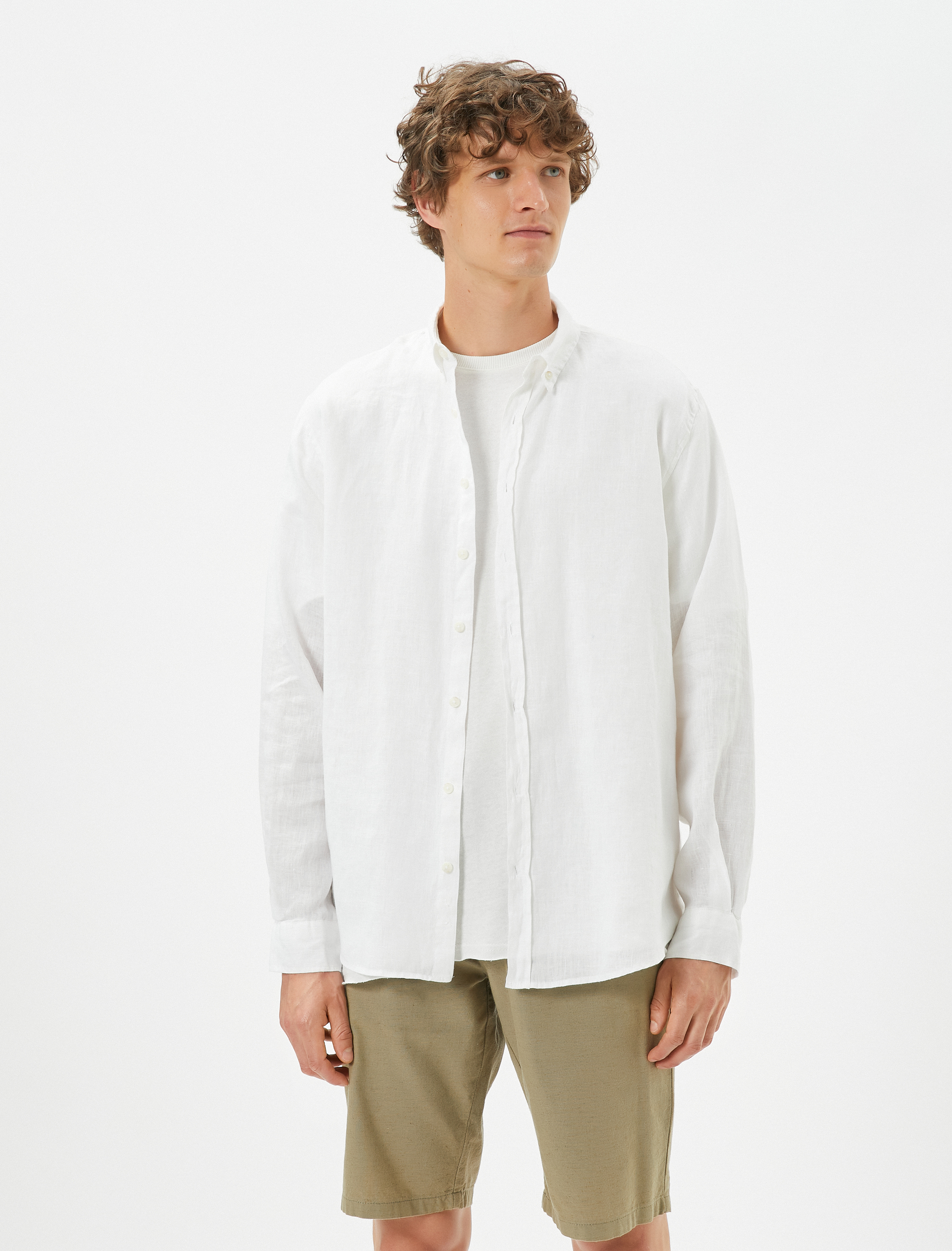   Keten Gömlek Klasik Yaka Düğmeli Uzun Kollu