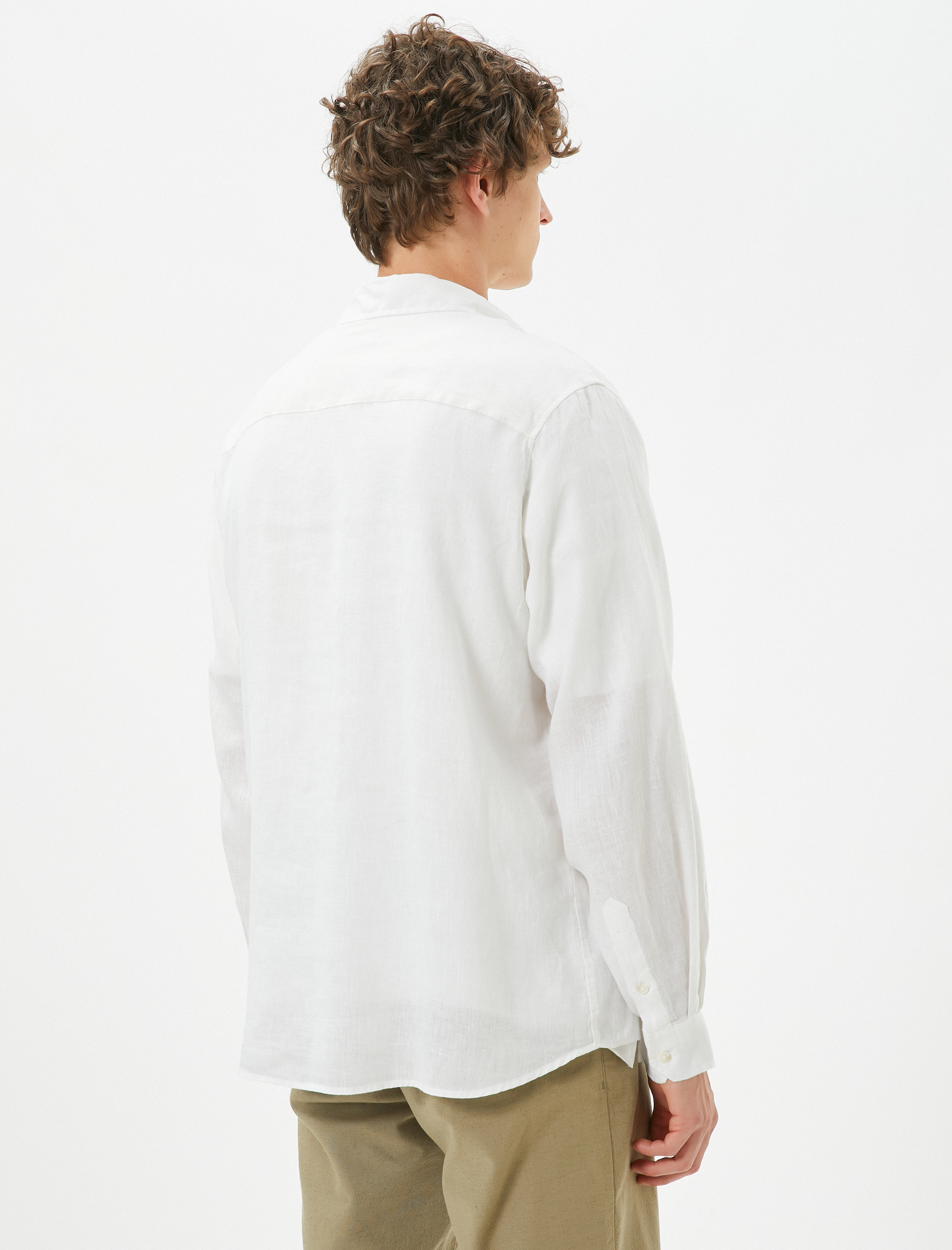   Keten Gömlek Klasik Yaka Düğmeli Uzun Kollu