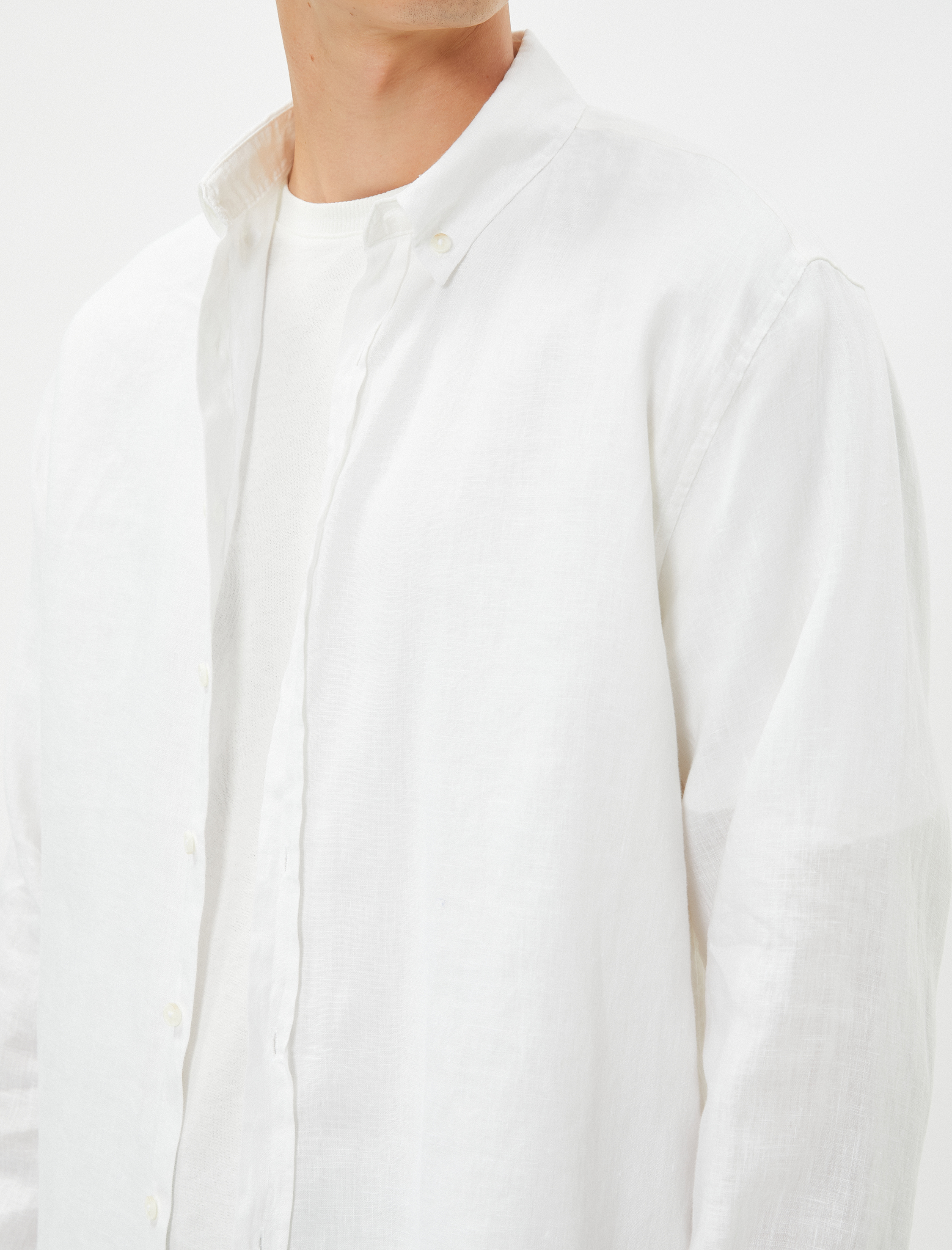   Keten Gömlek Klasik Yaka Düğmeli Uzun Kollu