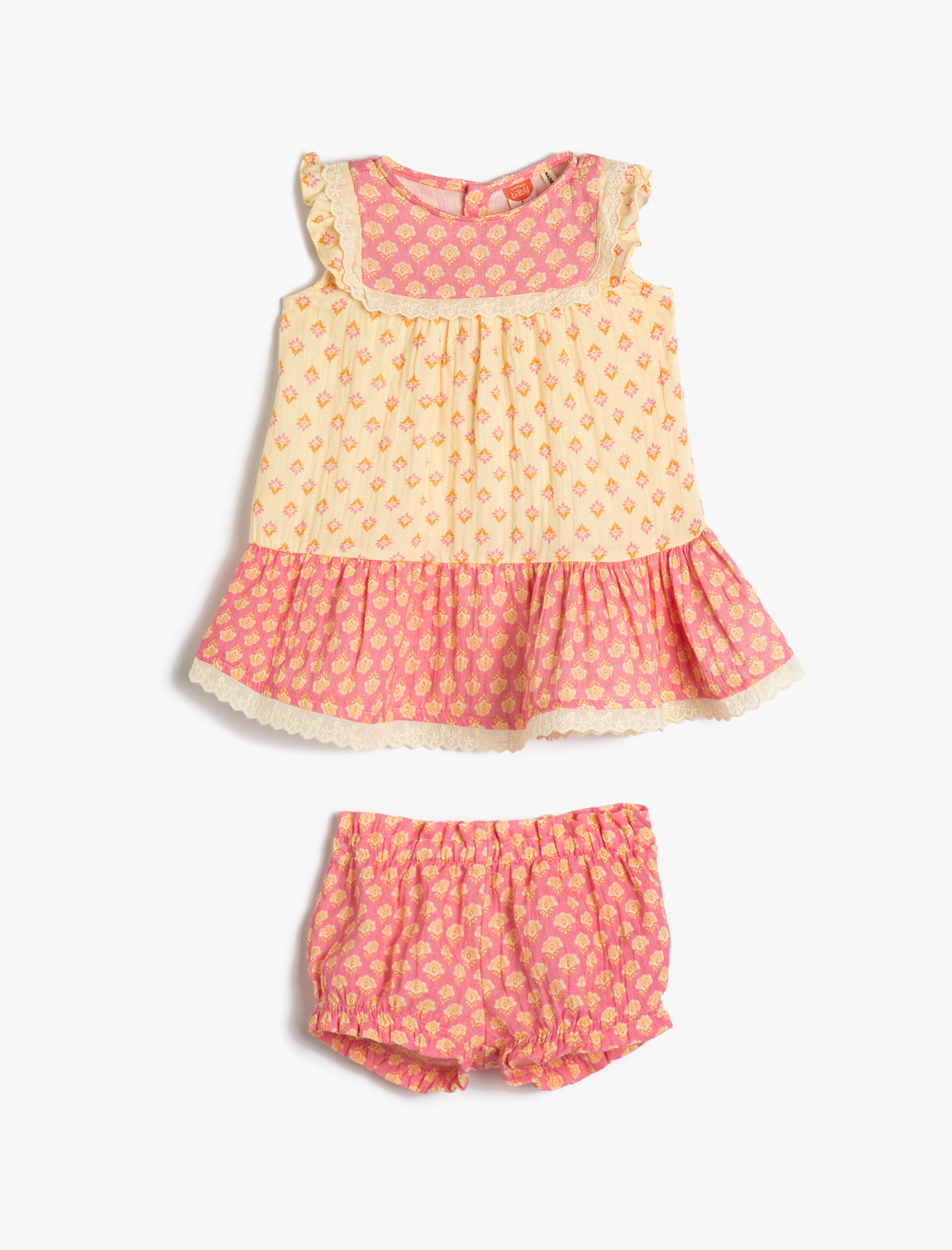 Kız Bebek Elbise Kolsuz Fırfırlı Uyumlu Şort Detaylı 2'li Pamuklu