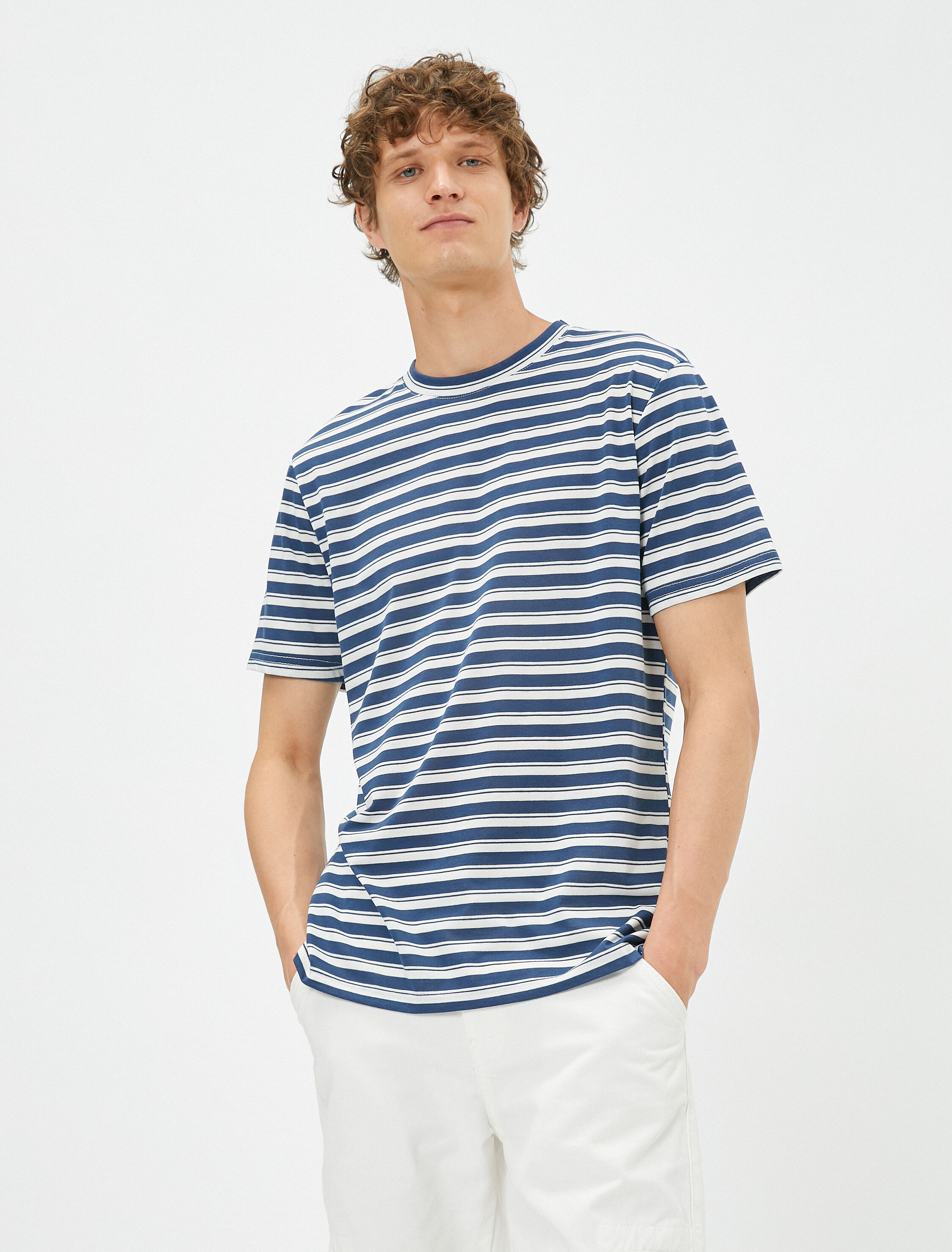   Basic Çizgili Tişört Bisiklet Yaka Kısa Kollu Viskon Karışımlı