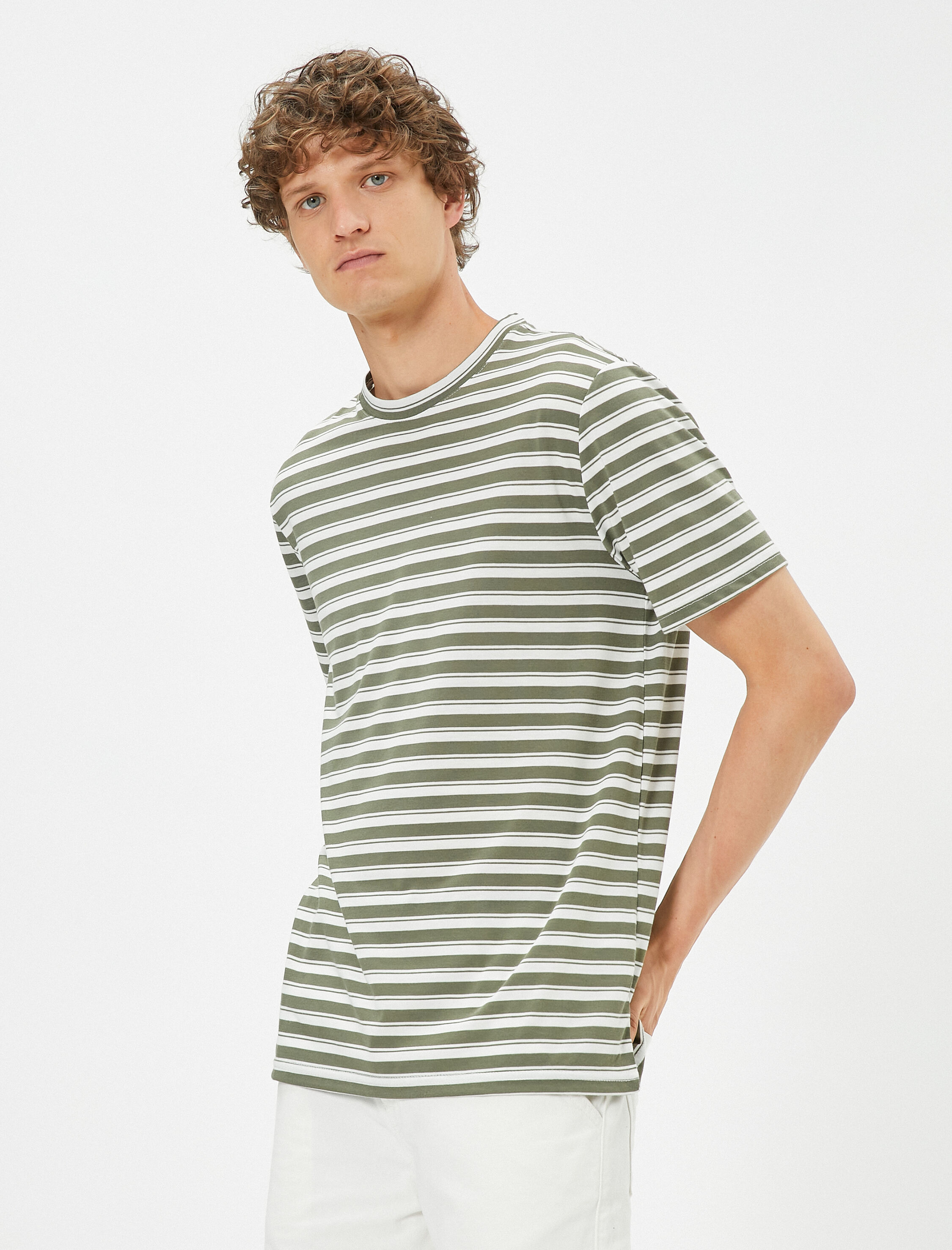   Basic Çizgili Tişört Bisiklet Yaka Kısa Kollu Viskon Karışımlı