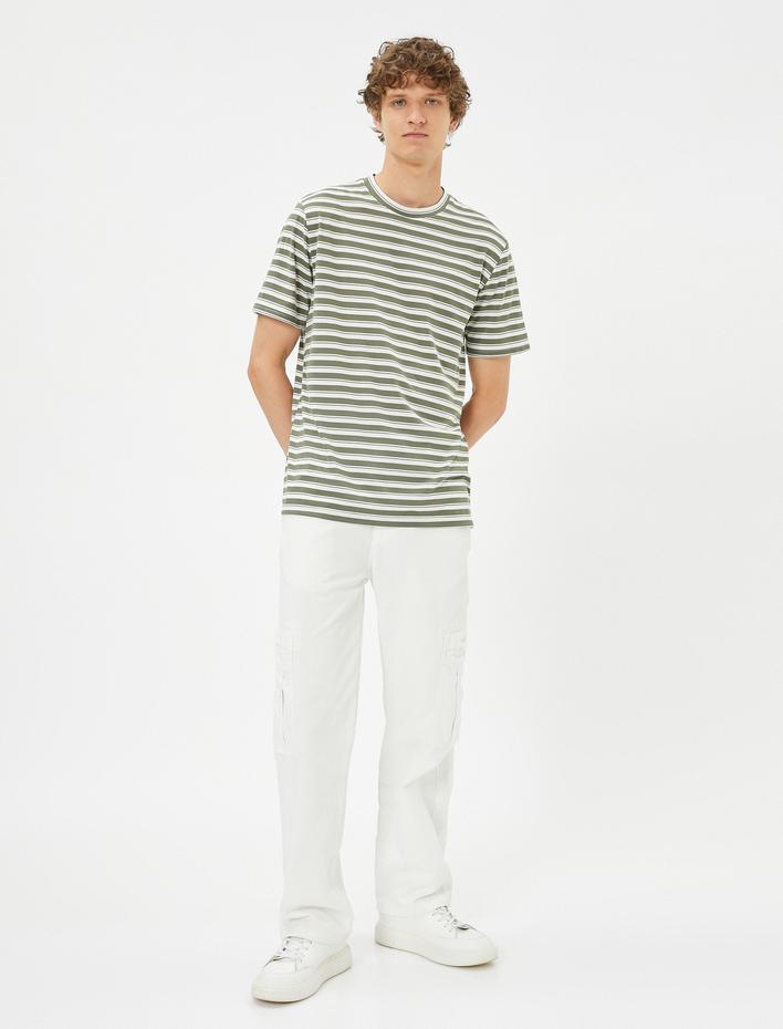  Basic Çizgili Tişört Bisiklet Yaka Kısa Kollu Viskon Karışımlı