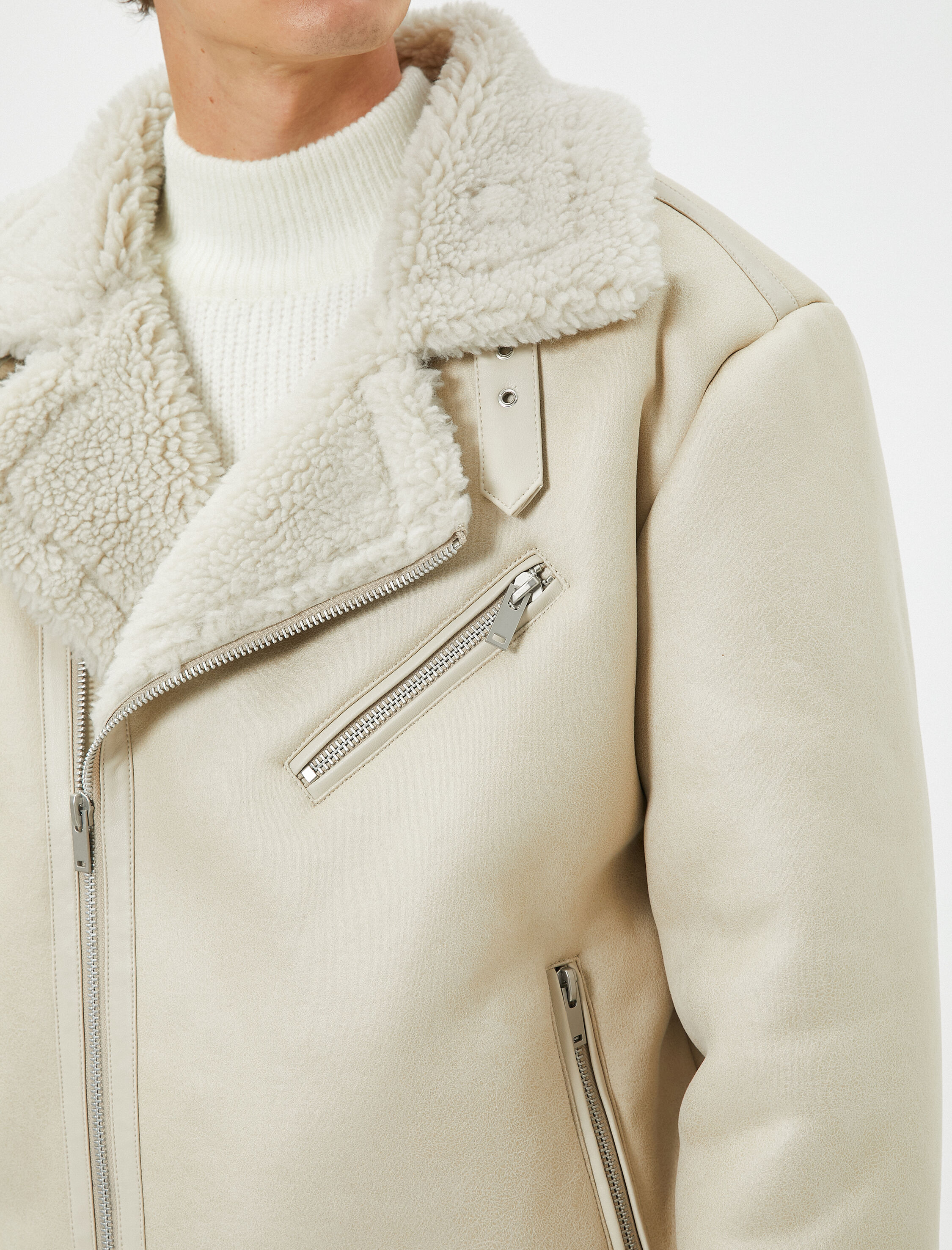   Süet Görünümlü Ceket İçi Peluş Fermuarlı Cep Detaylı