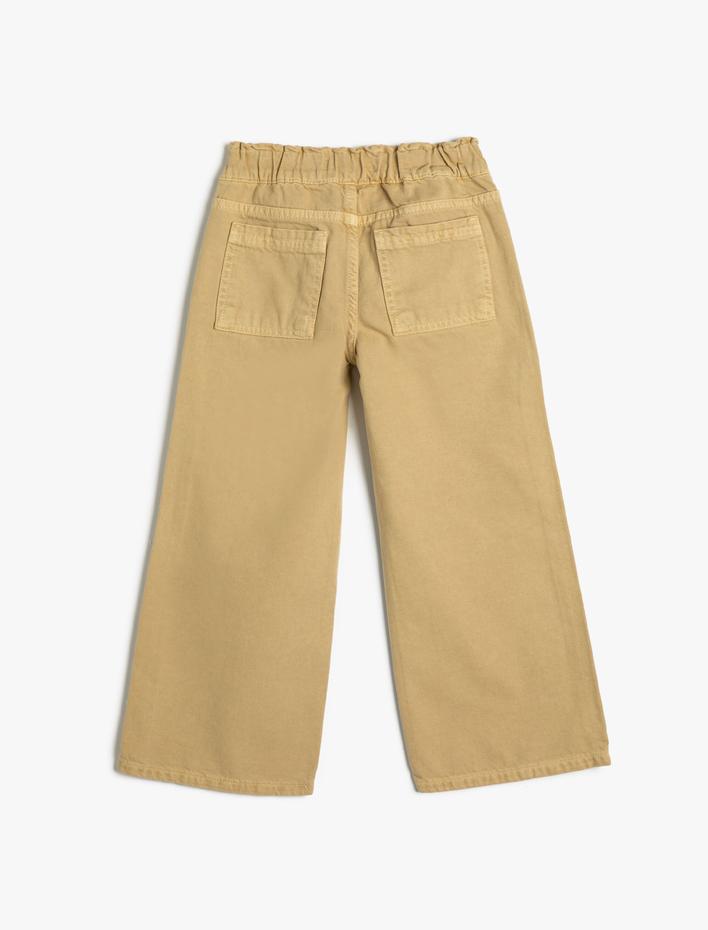 Kız Çocuk Kot Pantolon Bol Paça  Beli Lastikli Pamuklu - Wide Leg Jean