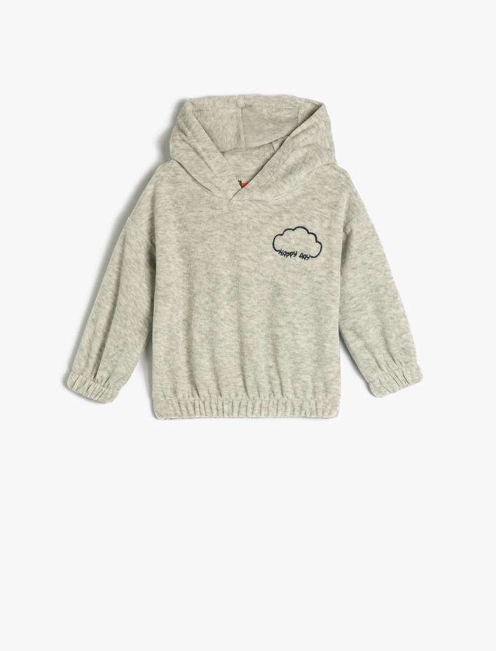 Erkek Bebek Kadife Kapşonlu Sweatshirt İşleme Detaylı Manşetleri ve Beli Lastikli