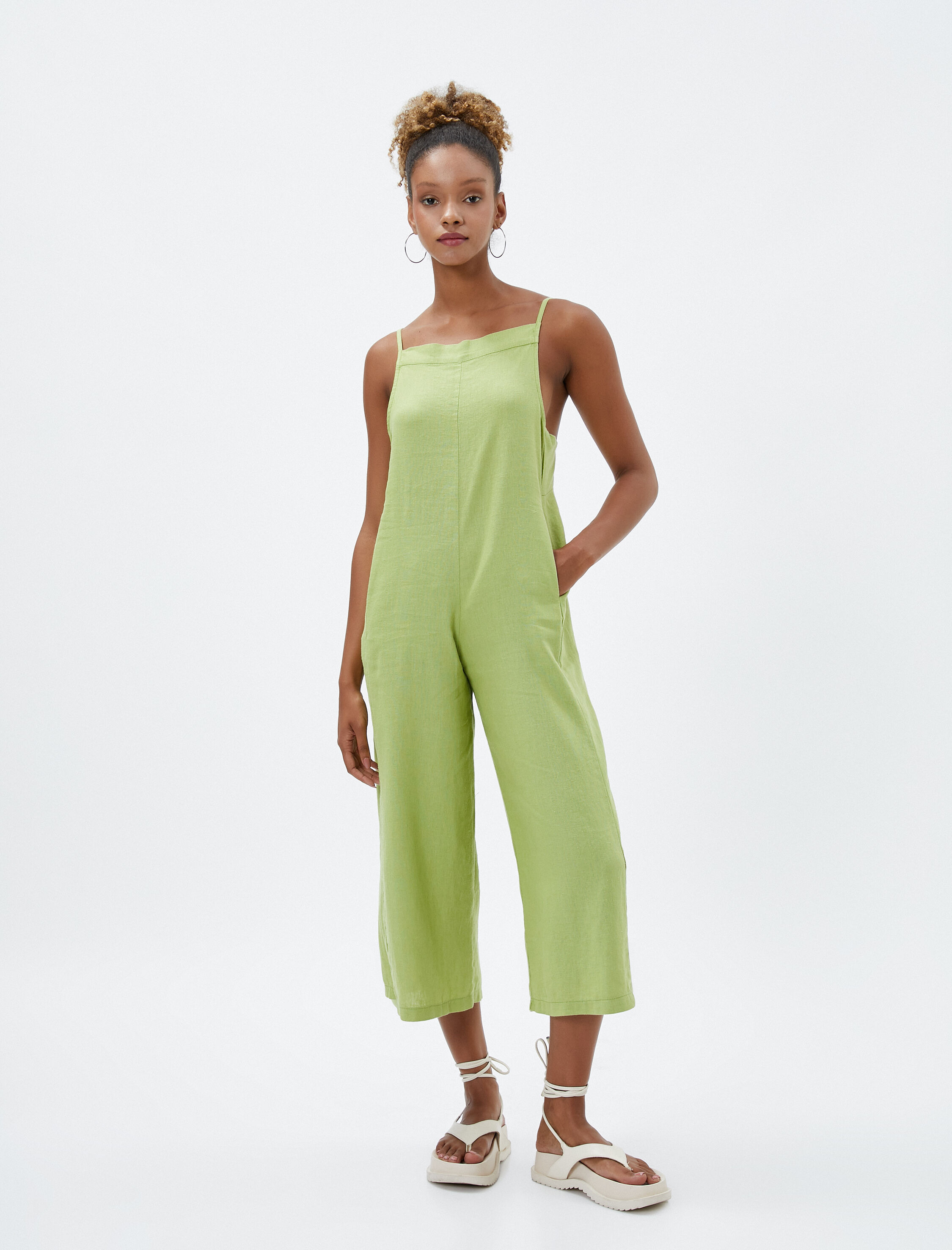   Bol Paça Tulum Askılı Kare Yaka Cepli Keten Karışımlı