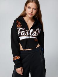 Crop Sweatshirt Kapüşonlu Fermuarlı Nakışlı Asimetrik Kesim