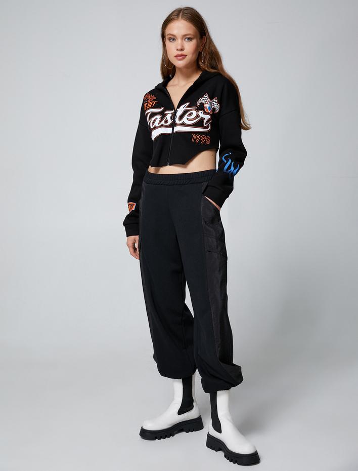  Şardonlu Crop Sweatshirt Kapüşonlu Fermuarlı Nakışlı Asimetrik Kesim