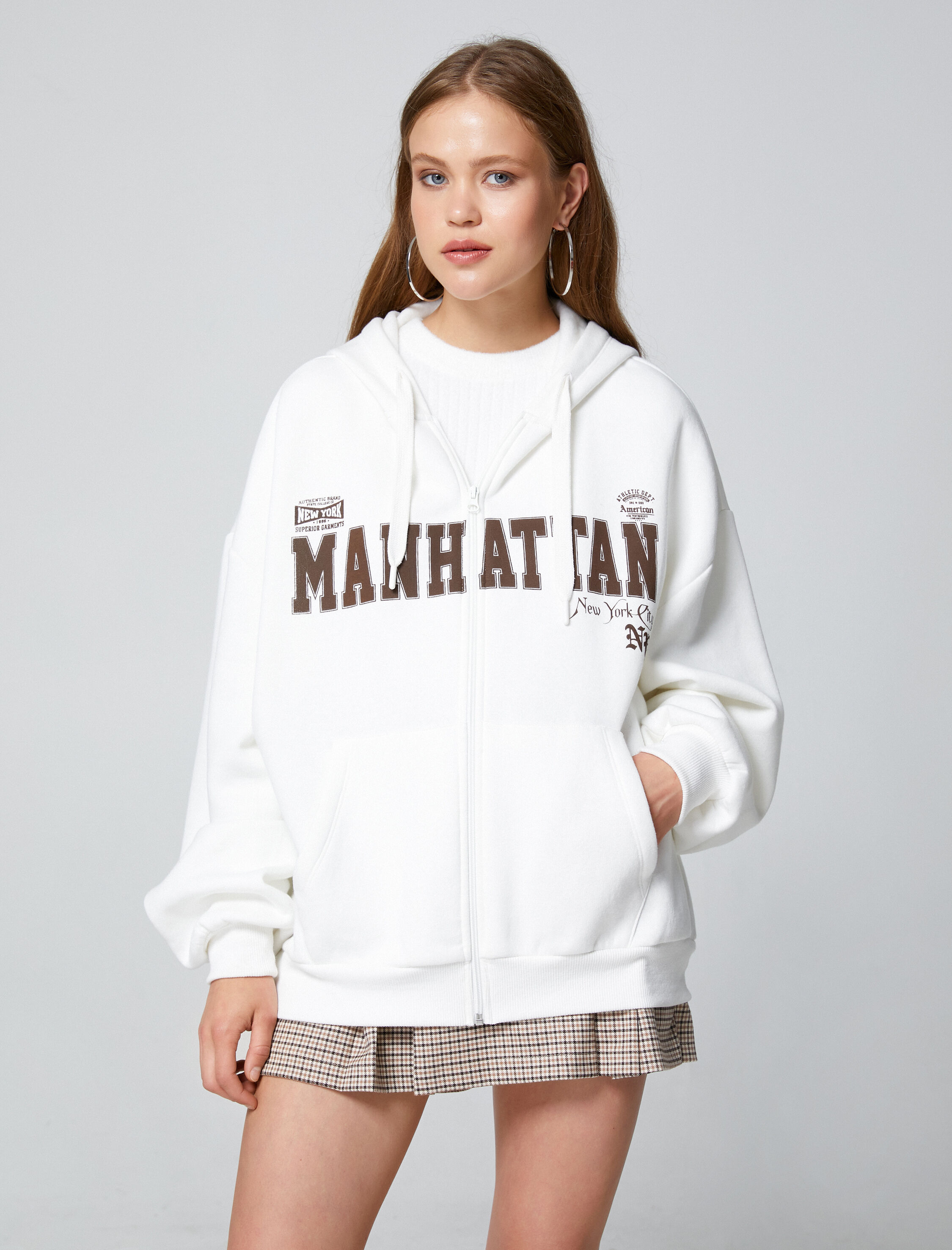   Şardonlu Fermuarlı Sweatshirt Oversize Kapüşonlu Kolej Baskılı Kanguru Cepli