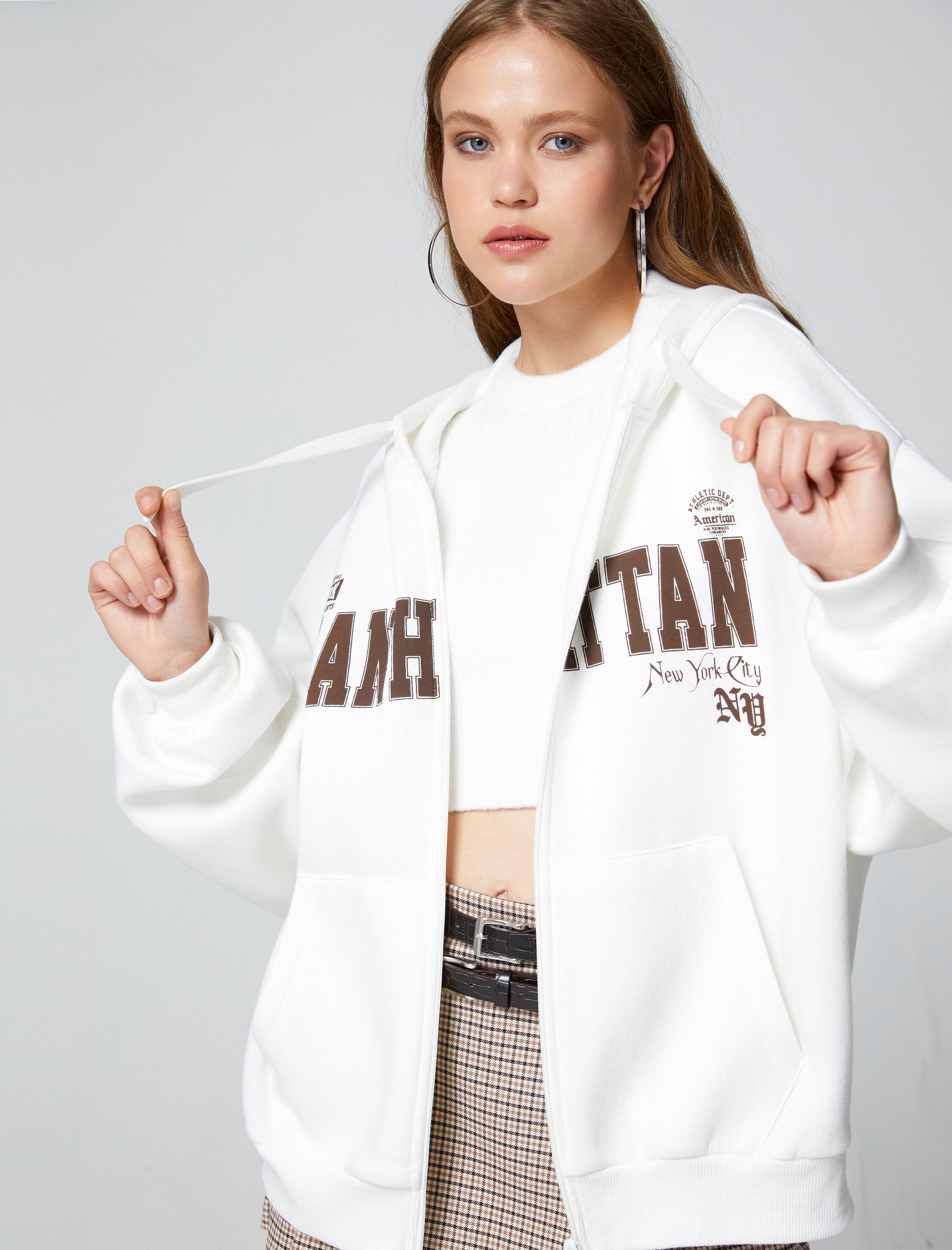   Şardonlu Fermuarlı Sweatshirt Oversize Kapüşonlu Kolej Baskılı Kanguru Cepli