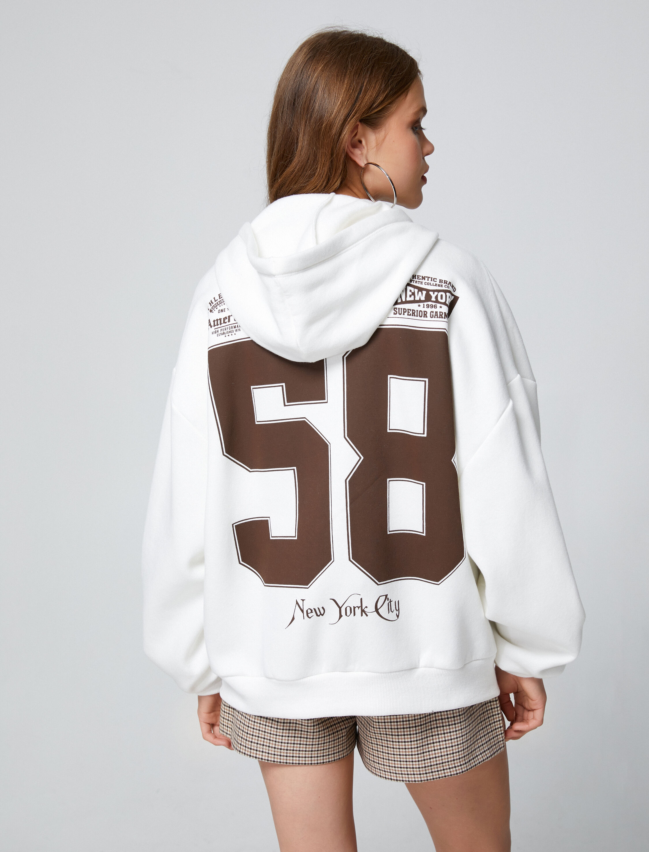   Şardonlu Fermuarlı Sweatshirt Oversize Kapüşonlu Kolej Baskılı Kanguru Cepli