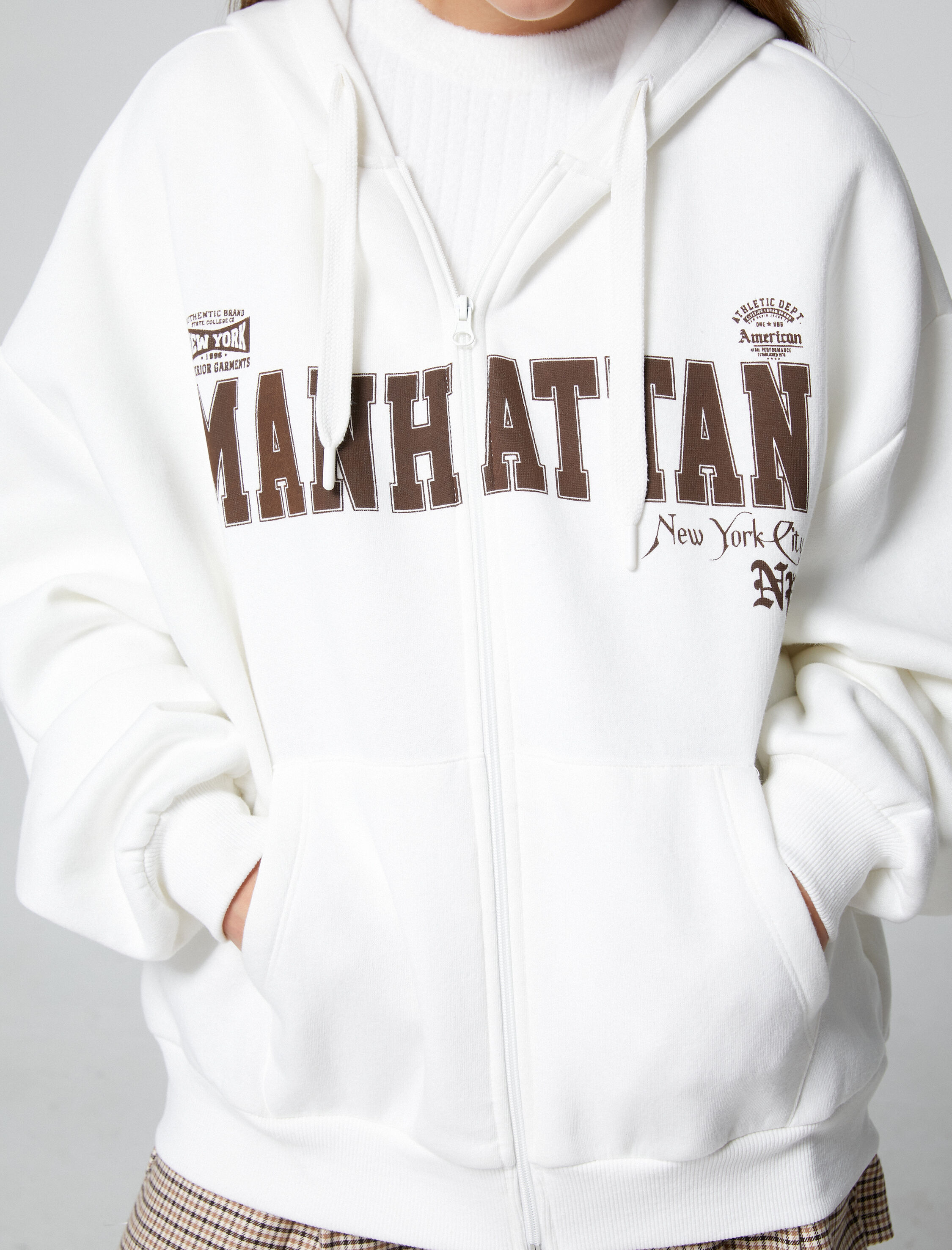   Şardonlu Fermuarlı Sweatshirt Oversize Kapüşonlu Kolej Baskılı Kanguru Cepli