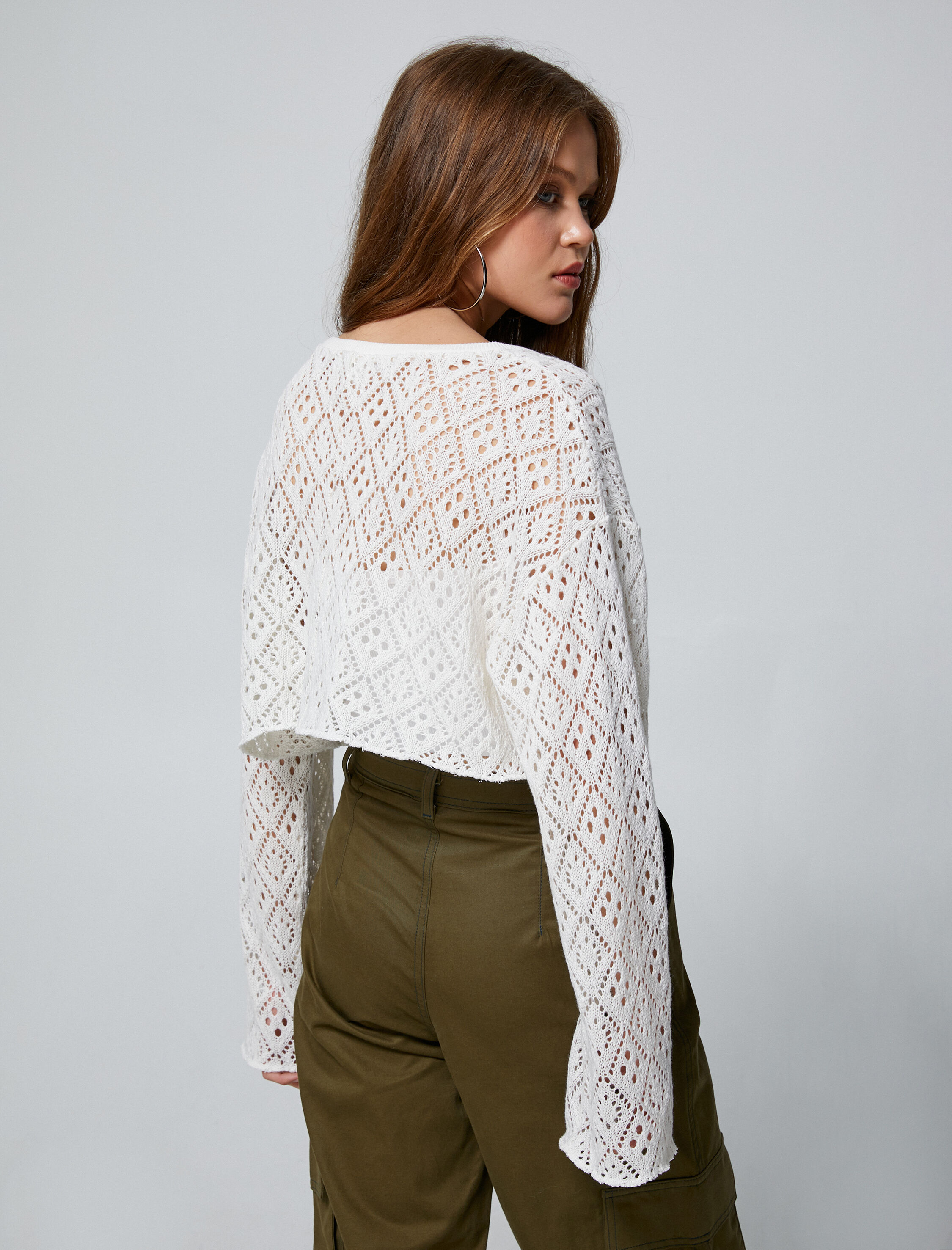   Crop Triko Tişört Uzun Kollu Ajurlu Bisiklet Yaka