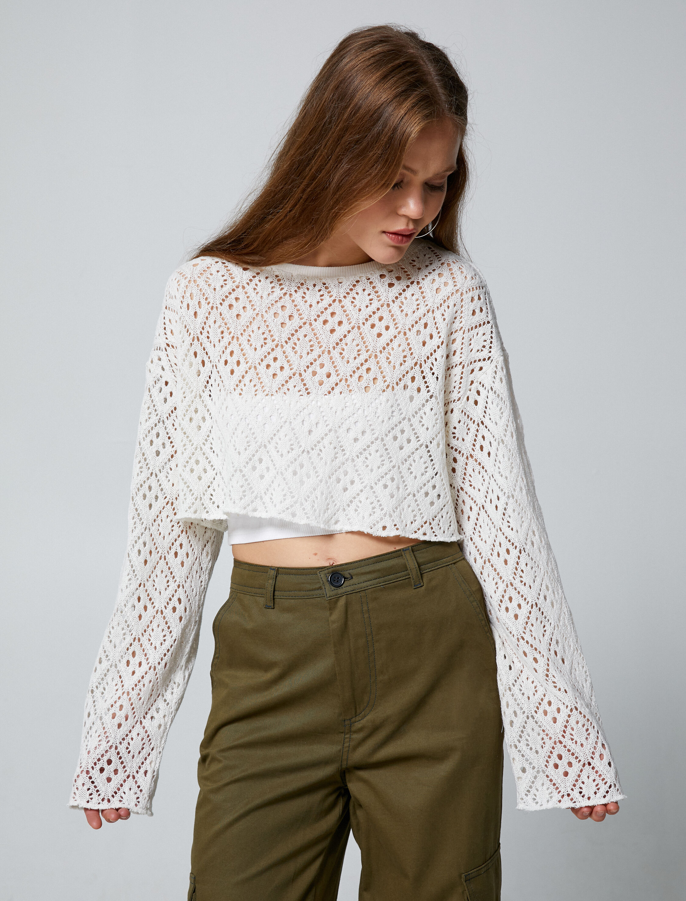   Crop Triko Tişört Uzun Kollu Ajurlu Bisiklet Yaka