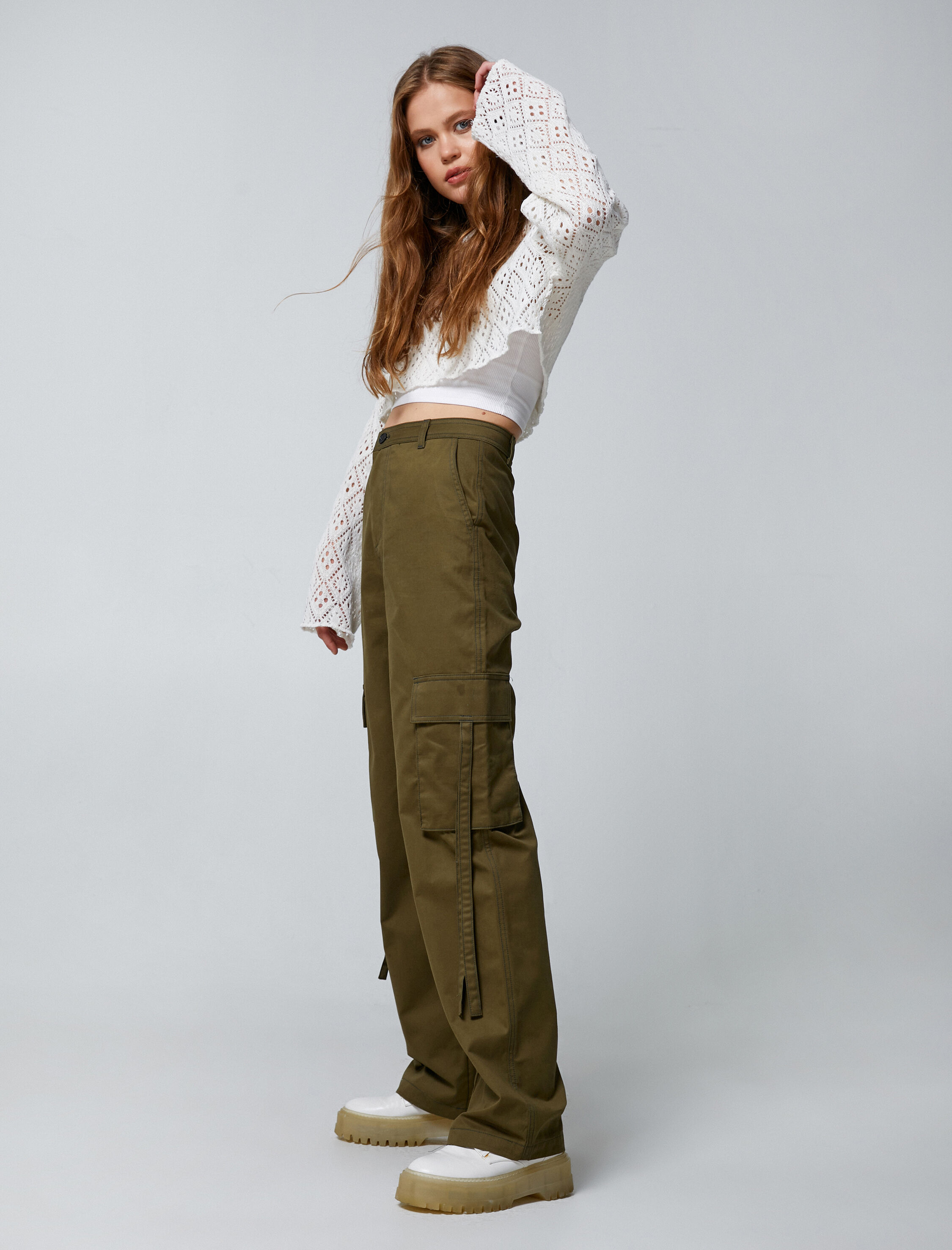   Crop Triko Tişört Uzun Kollu Ajurlu Bisiklet Yaka