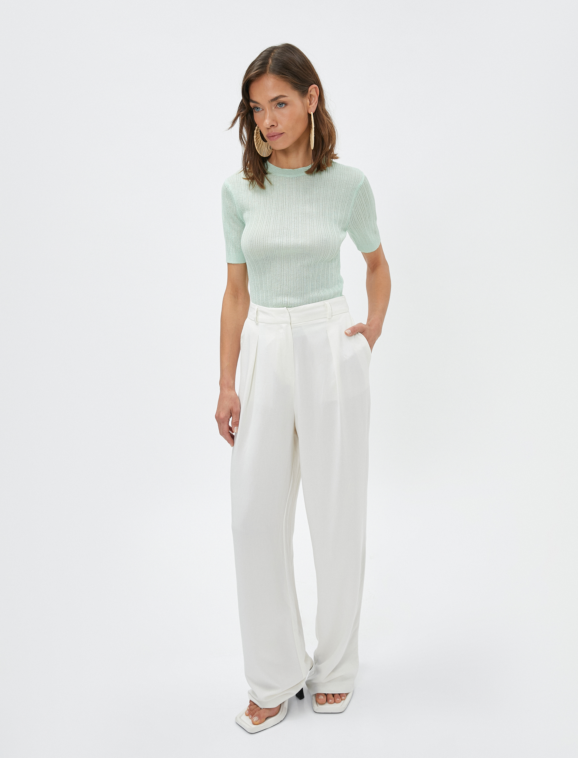   Melis Ağazat X Koton - Kısa Kollu Triko Kazak Çizgili