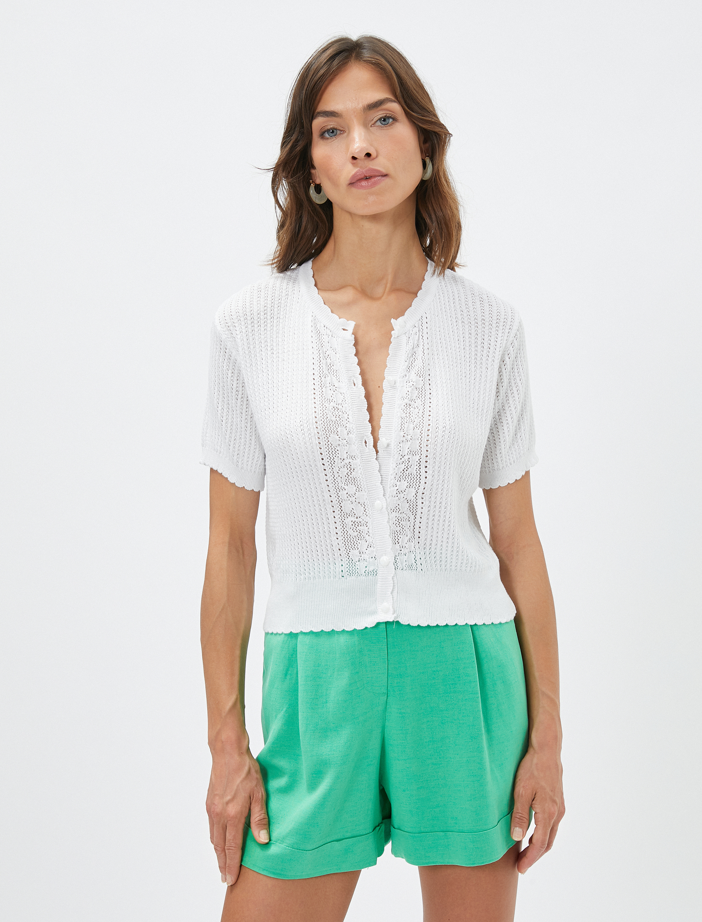   Melis Ağazat X Koton - Düğmeli Kısa Kollu Kroşe Hırka