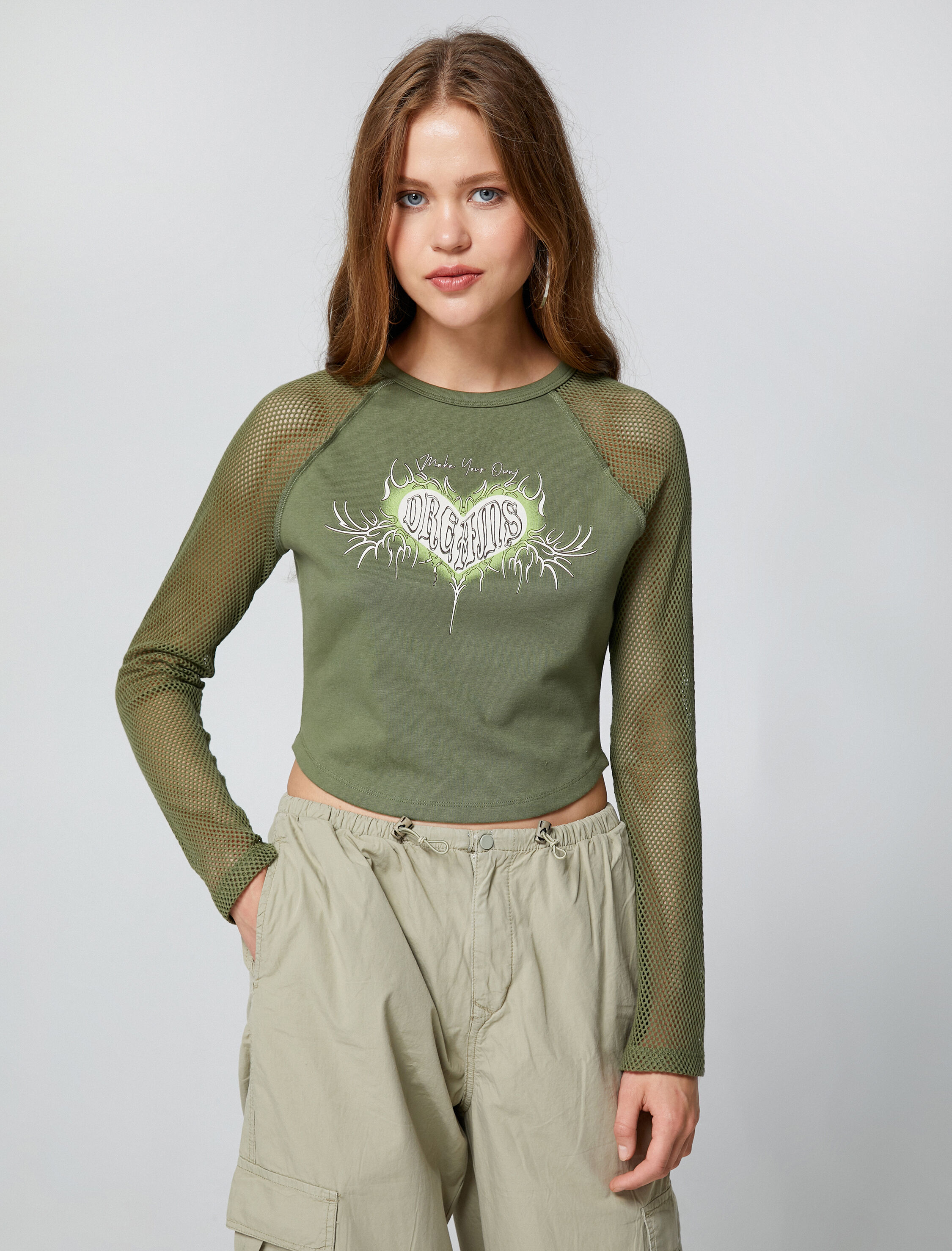   Crop Tişört File Detaylı Baskılı Bisiklet Yaka Pamuklu