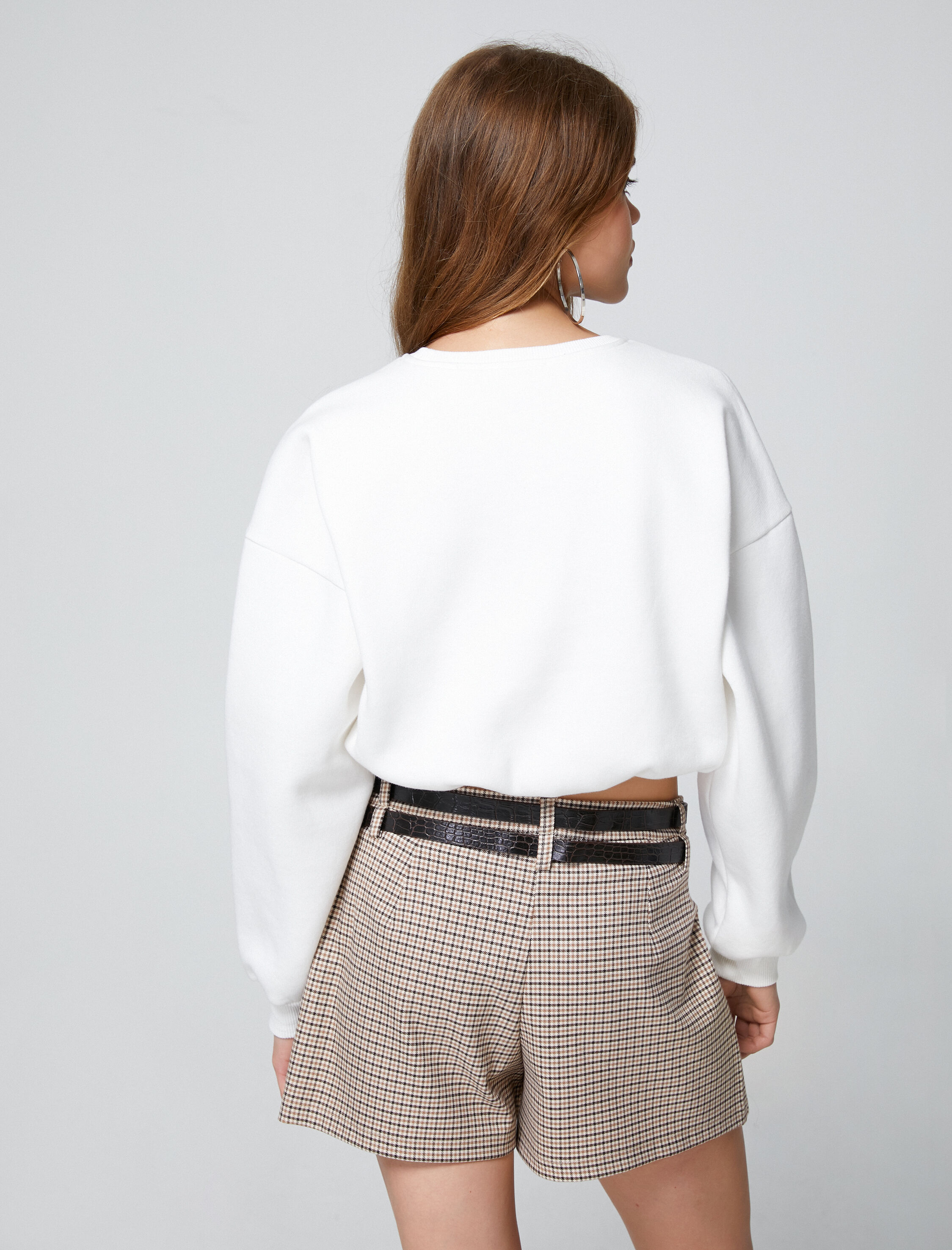   Şardonlu Crop Sweatshirt Bisiklet Yaka Beli Ribanalı Uzun Kollu