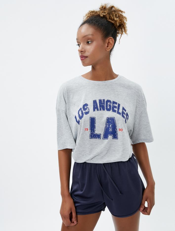  Oversize Tişört Kısa Kollu Bisiklet Yaka Los Angeles Baskılı