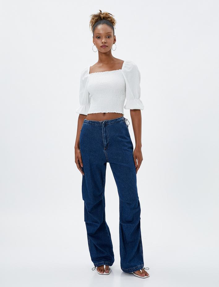  Crop Tişört Gipeli Balon Kollu Kare Yaka Bürümcük