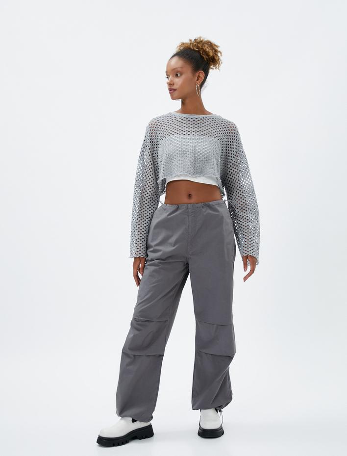  Crop Ajurlu Tişört Uzun Kollu