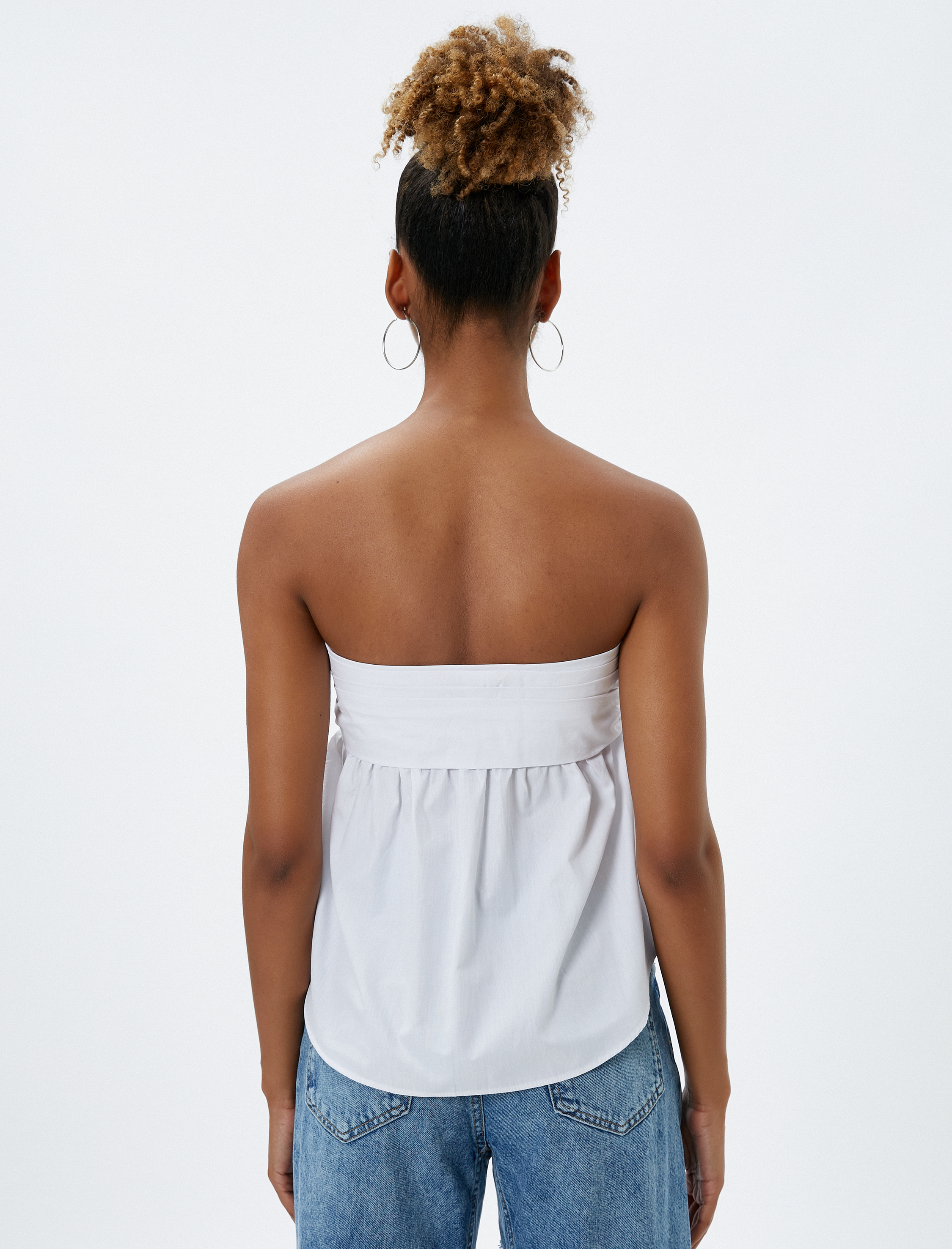   Straplez Bluz Düğme Detaylı Pamuklu