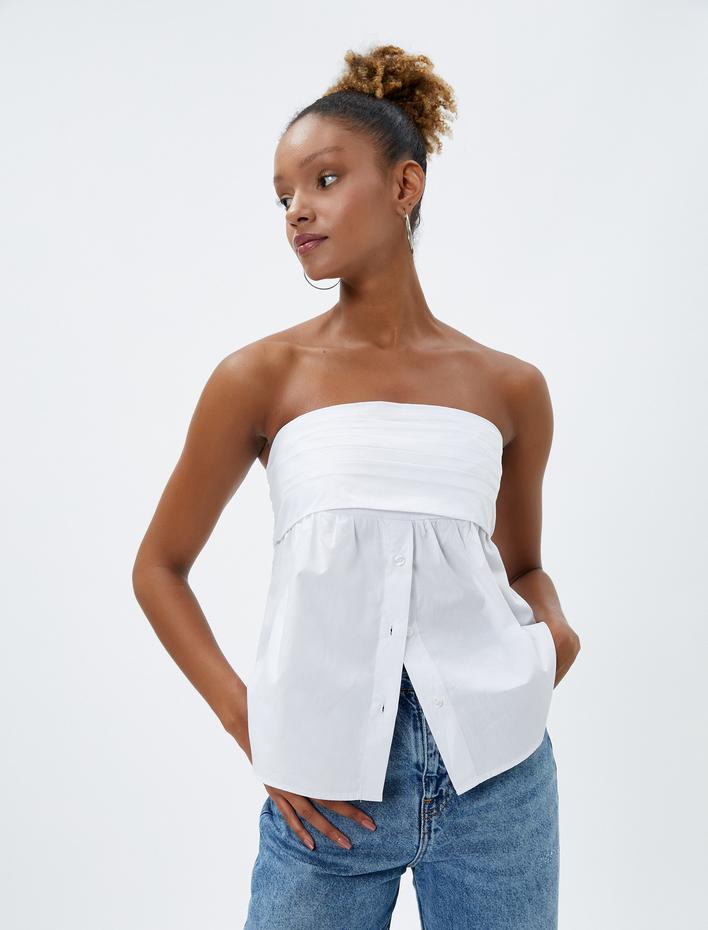  Straplez Bluz Düğme Detaylı Pamuklu