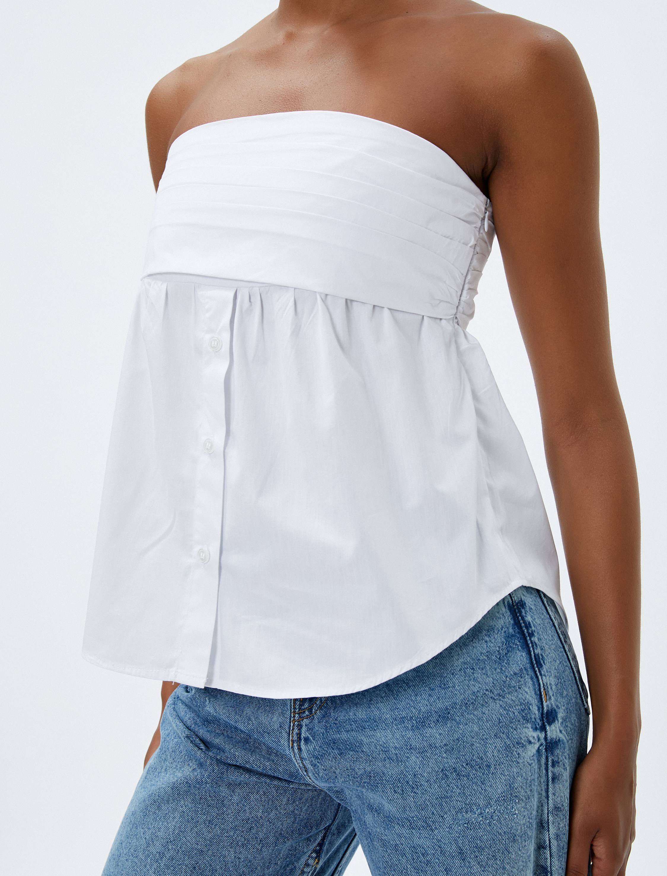   Straplez Bluz Düğme Detaylı Pamuklu