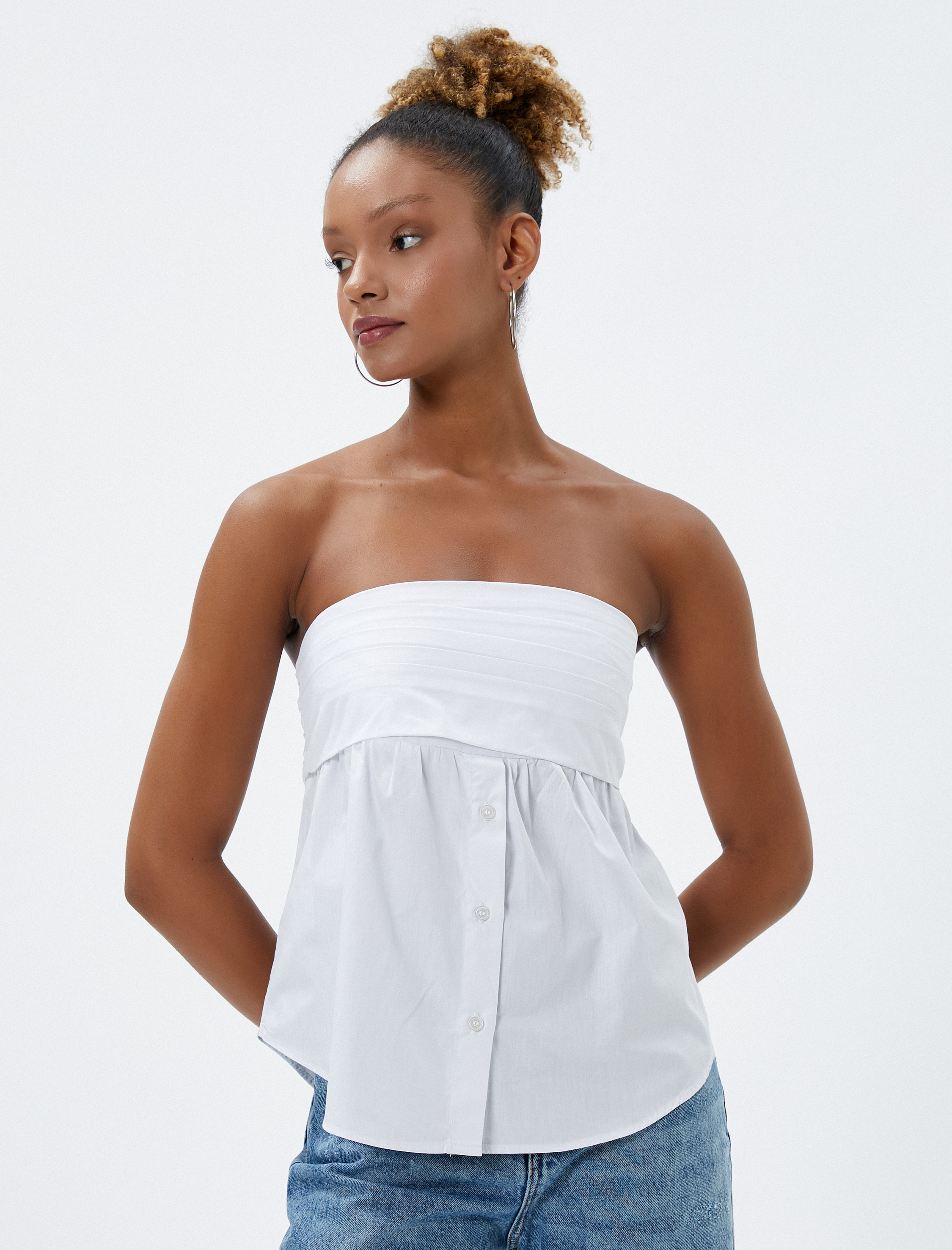   Straplez Bluz Düğme Detaylı Pamuklu