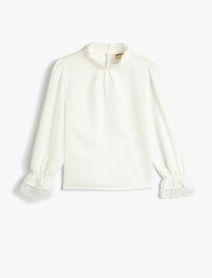 Kız Çocuk Bluz Uzun Kollu Dik Yaka Dantel Detaylı Viskon