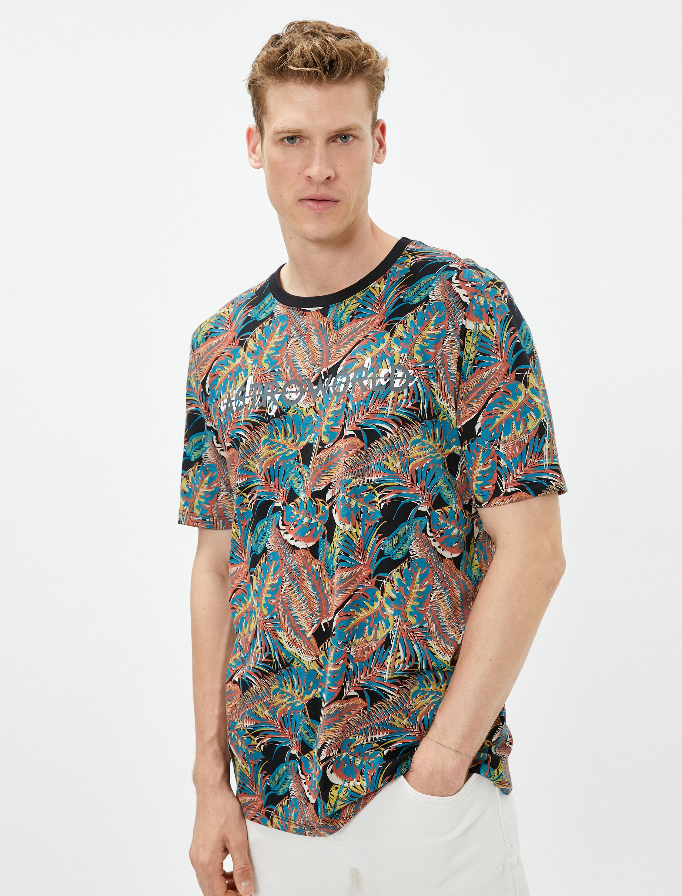   Slogan Baskılı Tişört Yaprak Detaylı Bisiklet Yaka Pamuklu