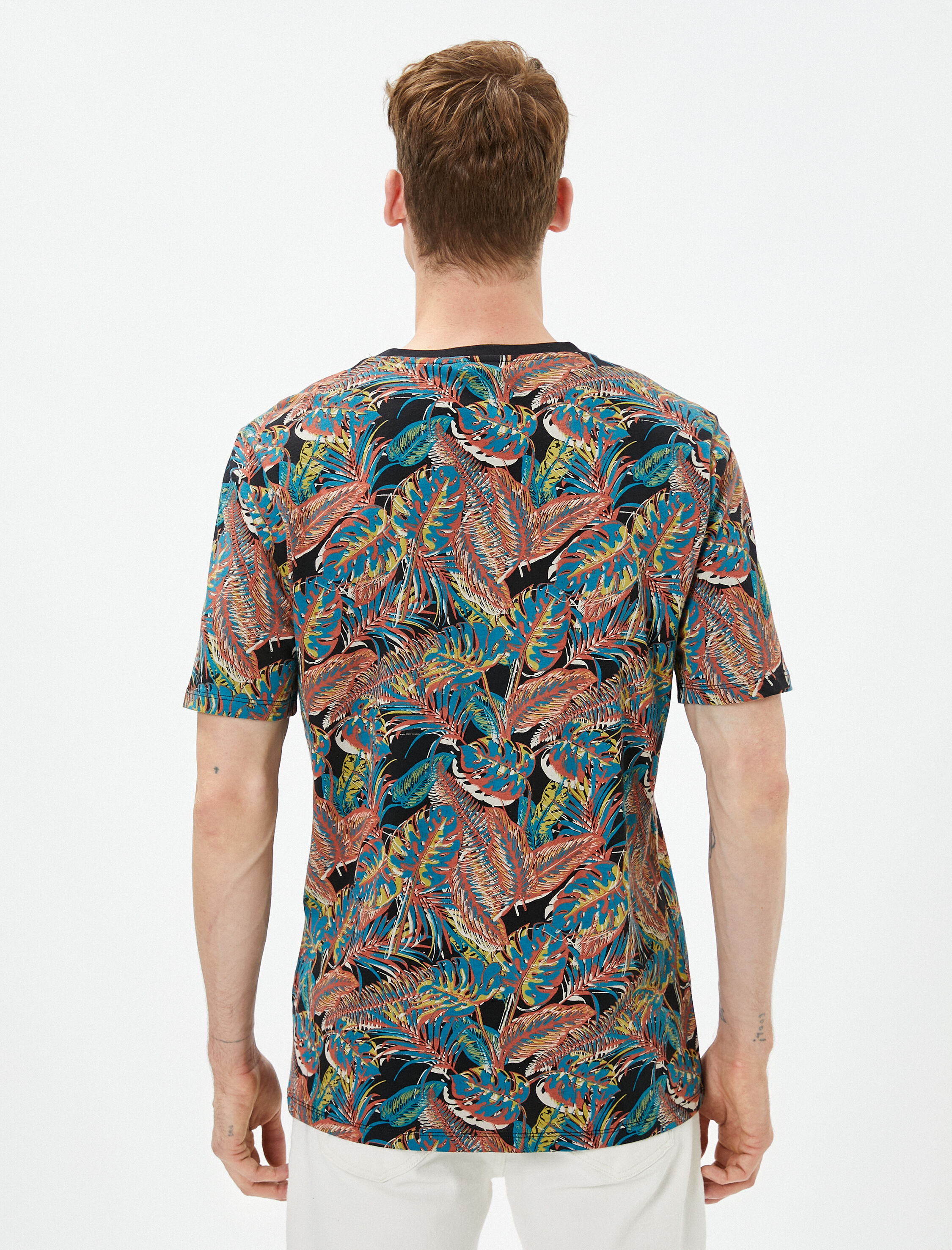   Slogan Baskılı Tişört Yaprak Detaylı Bisiklet Yaka Pamuklu