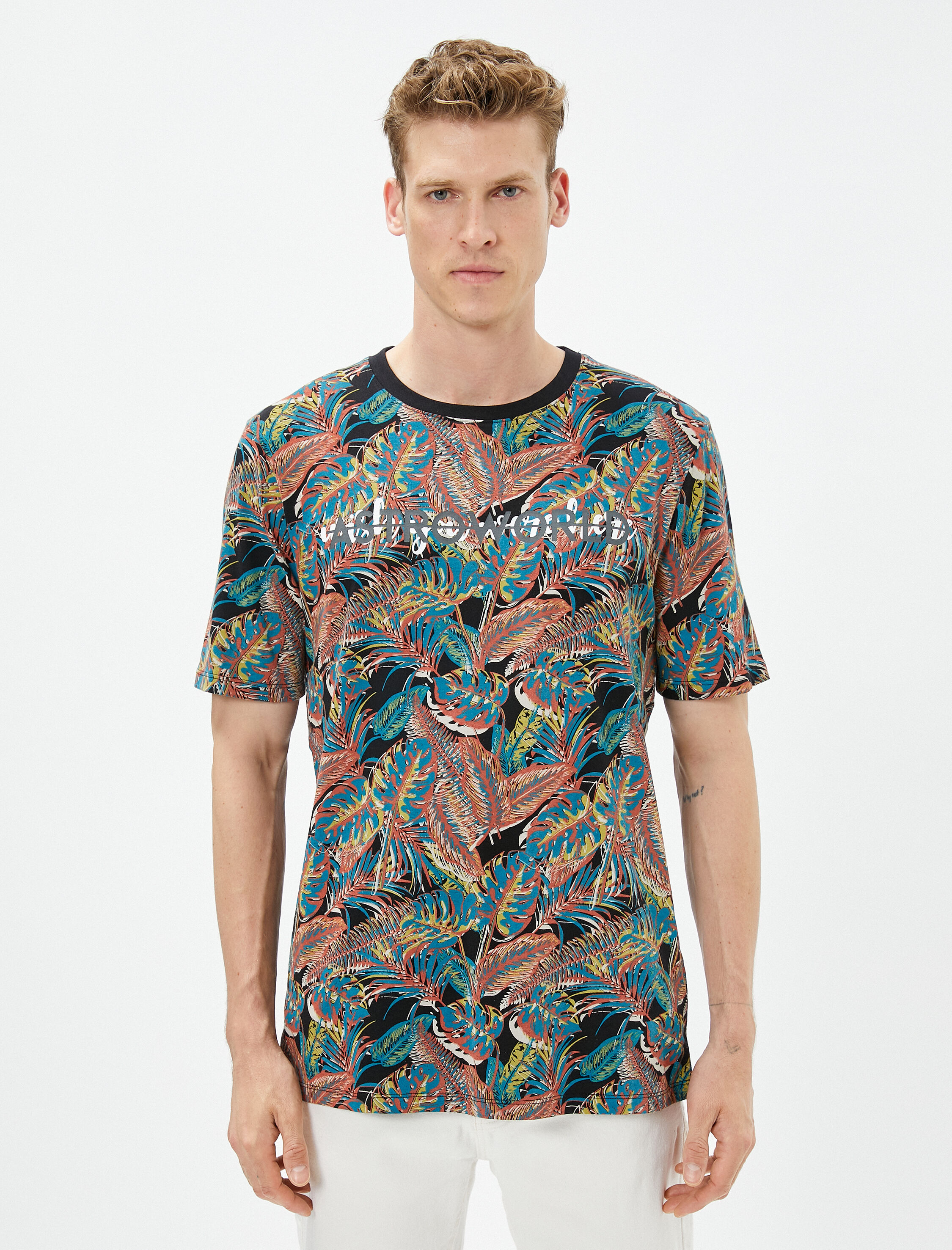   Slogan Baskılı Tişört Yaprak Detaylı Bisiklet Yaka Pamuklu