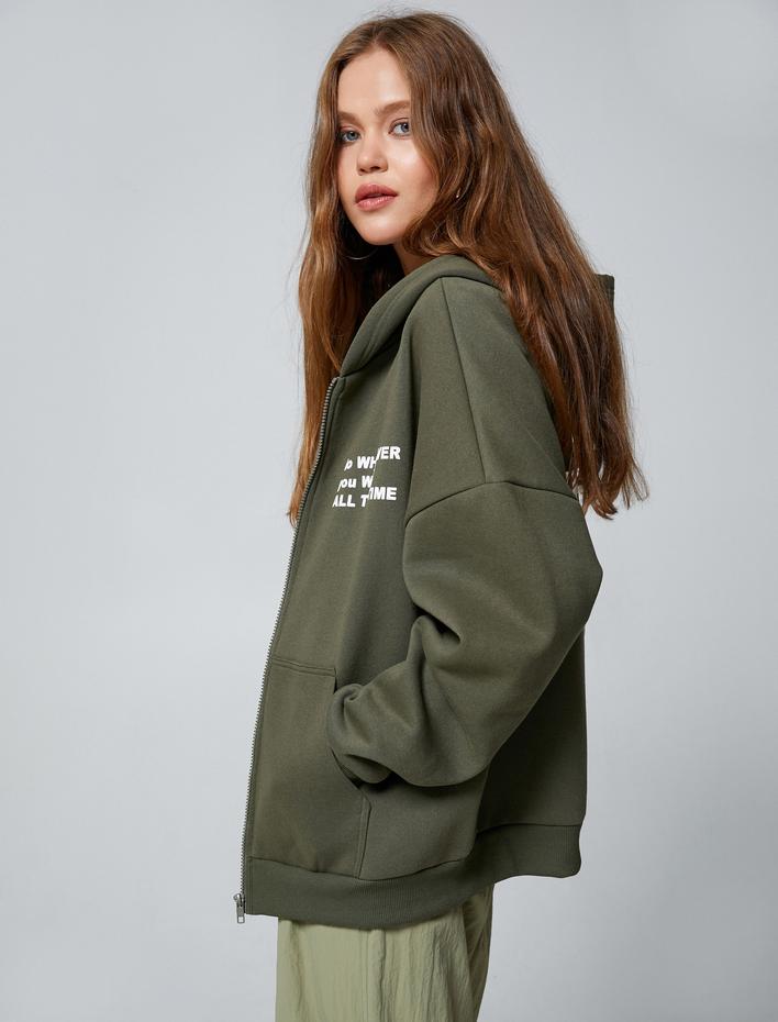  Şardonlu Fermuarlı Sweatshirt Kapüşonlu Slogan Baskılı Cepli İçi Polarlı