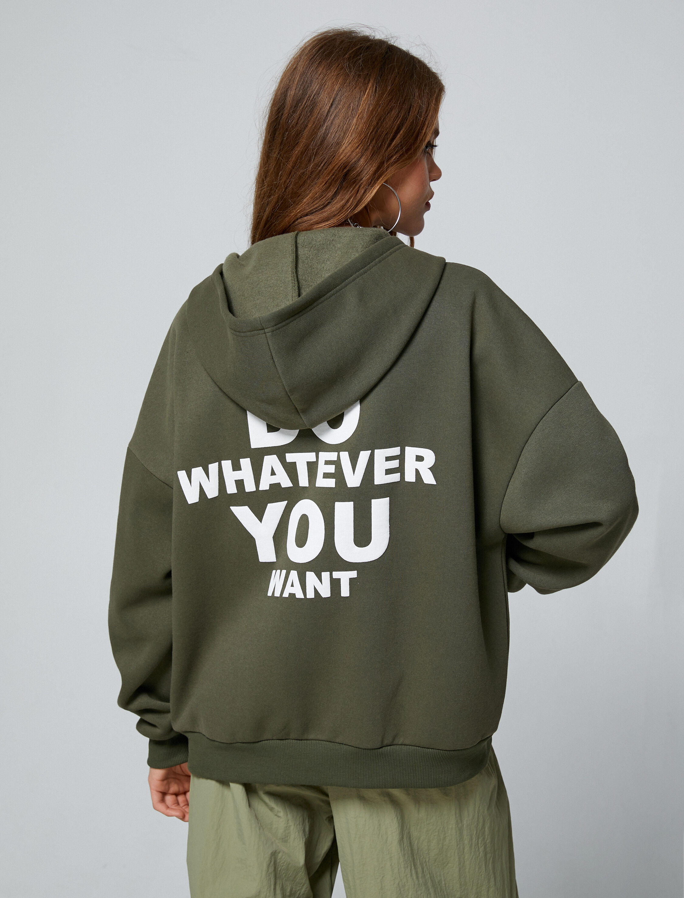   Şardonlu Fermuarlı Sweatshirt Kapüşonlu Slogan Baskılı Cepli İçi Polarlı