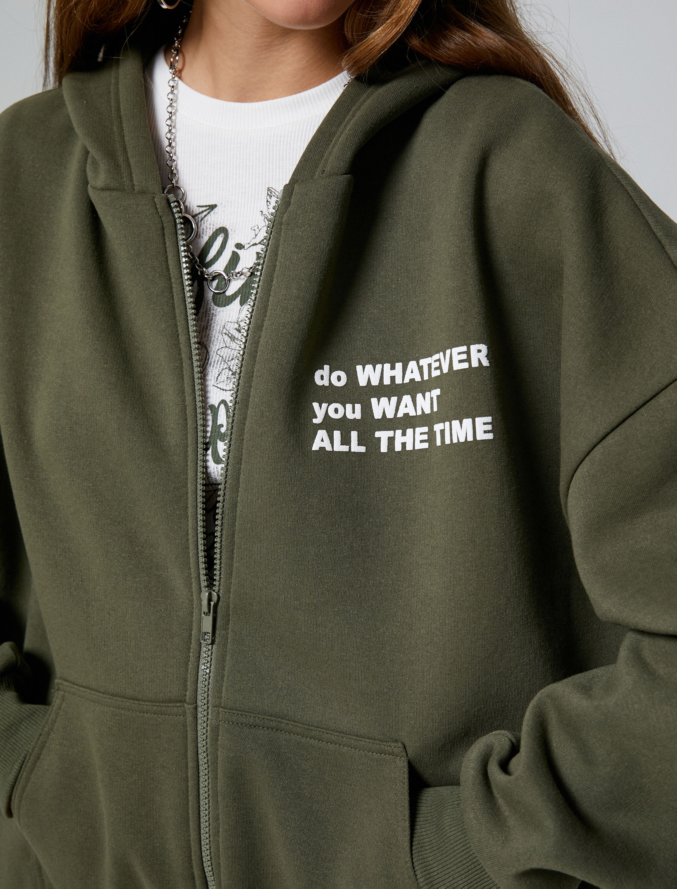   Şardonlu Fermuarlı Sweatshirt Kapüşonlu Slogan Baskılı Cepli İçi Polarlı