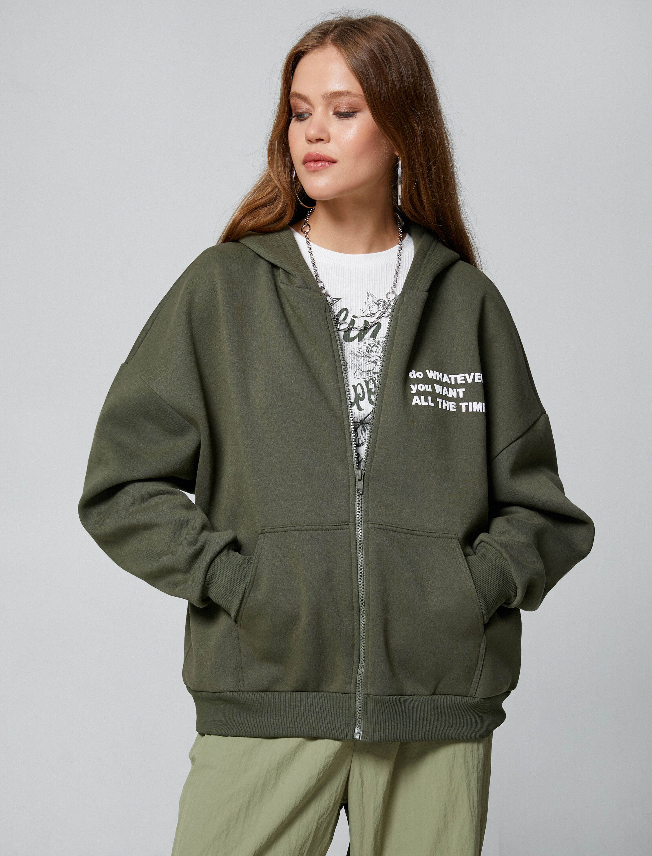   Şardonlu Fermuarlı Sweatshirt Kapüşonlu Slogan Baskılı Cepli İçi Polarlı