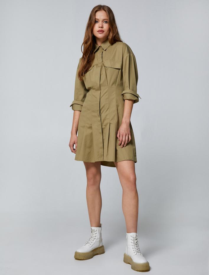  Gömlek Elbise Gabardin Kumaş Pileli Uzun Kollu Cepli Pamuklu