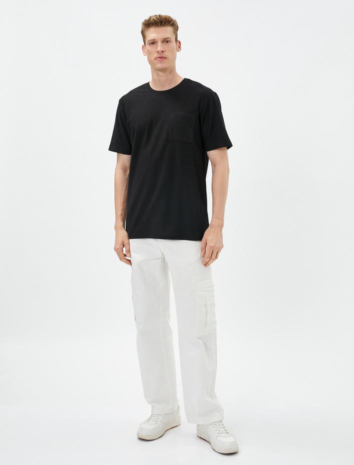  Basic Tişört Cep Detaylı Bisiklet Yaka Kısa Kollu Pamuklu