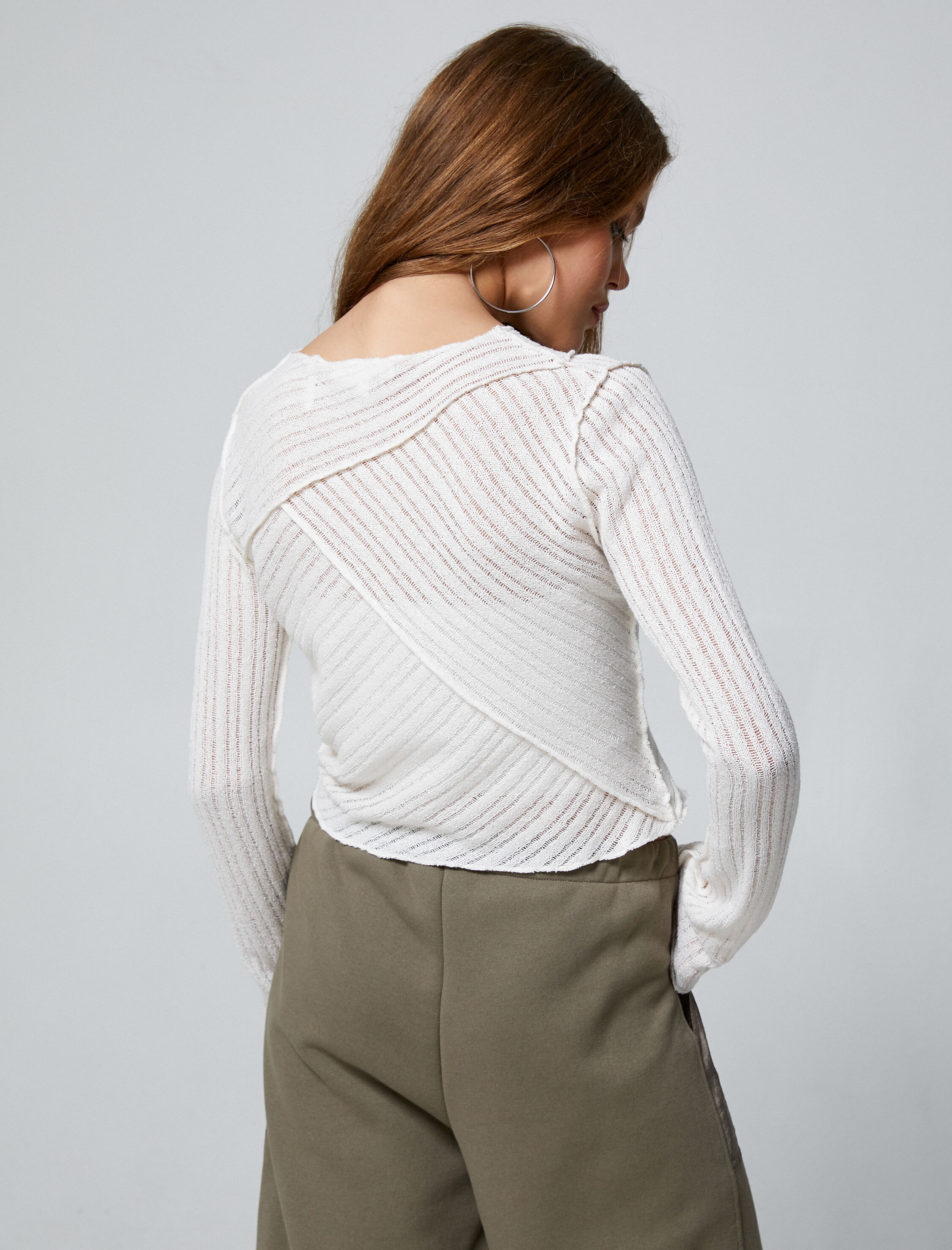   Uzun Kollu Tişört Asimetrik Kesim Dikiş Detaylı Dokulu