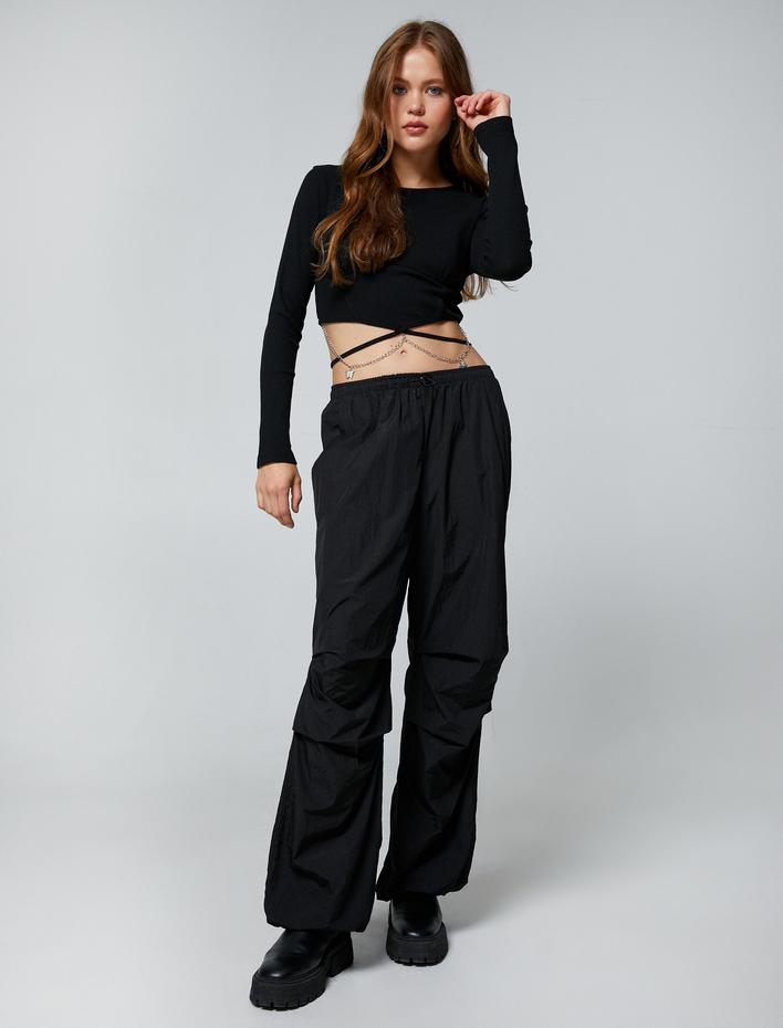  Crop Tişört Uzun Kollu Zincir Kelebek Detaylı Bisiklet Yaka