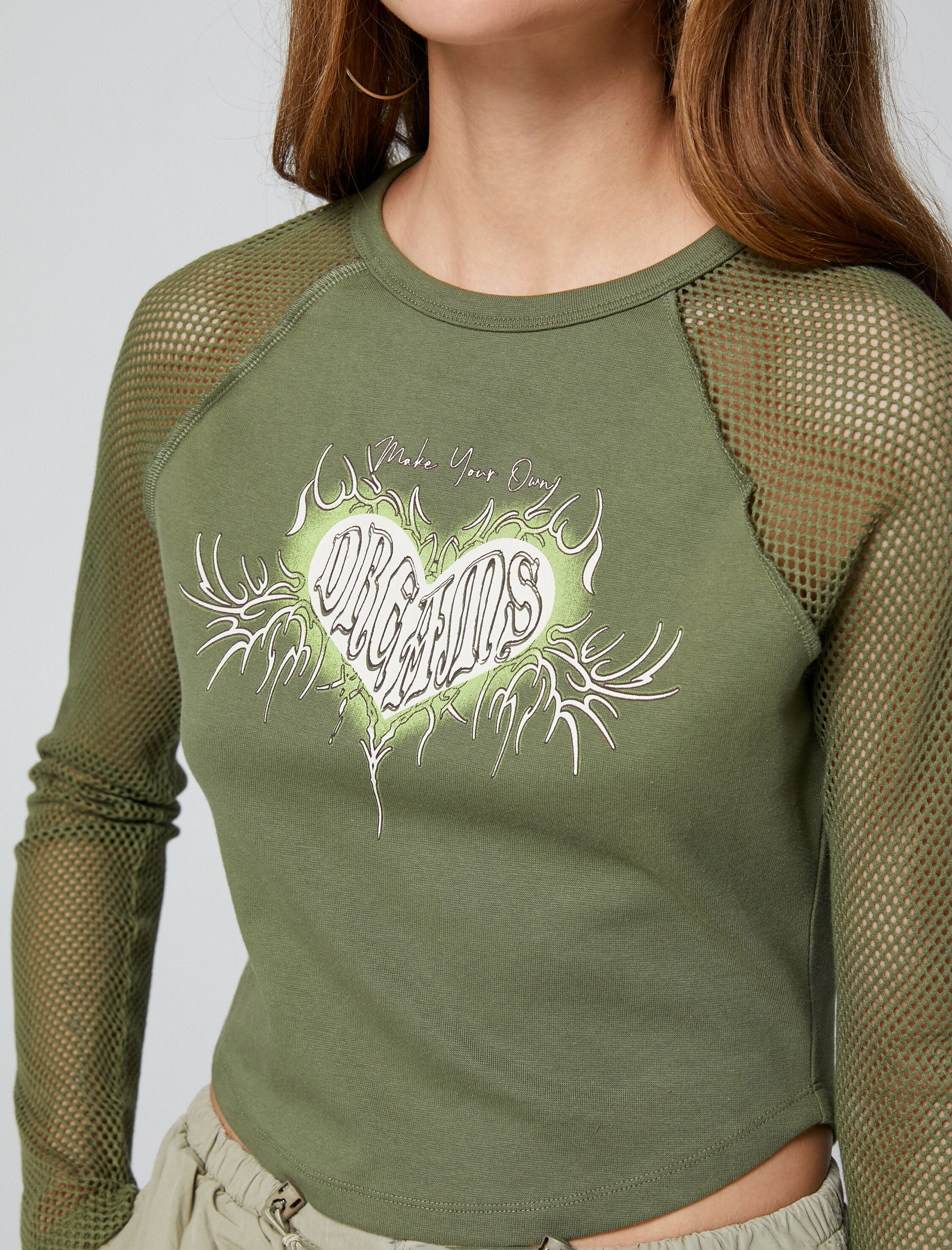   Crop Tişört File Detaylı Baskılı Bisiklet Yaka Pamuklu