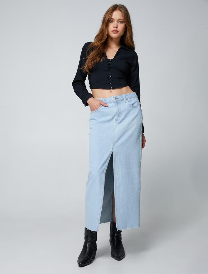  Crop Bluz Uzun Kollu Gömlek Yaka Metal Aksesuar Detaylı