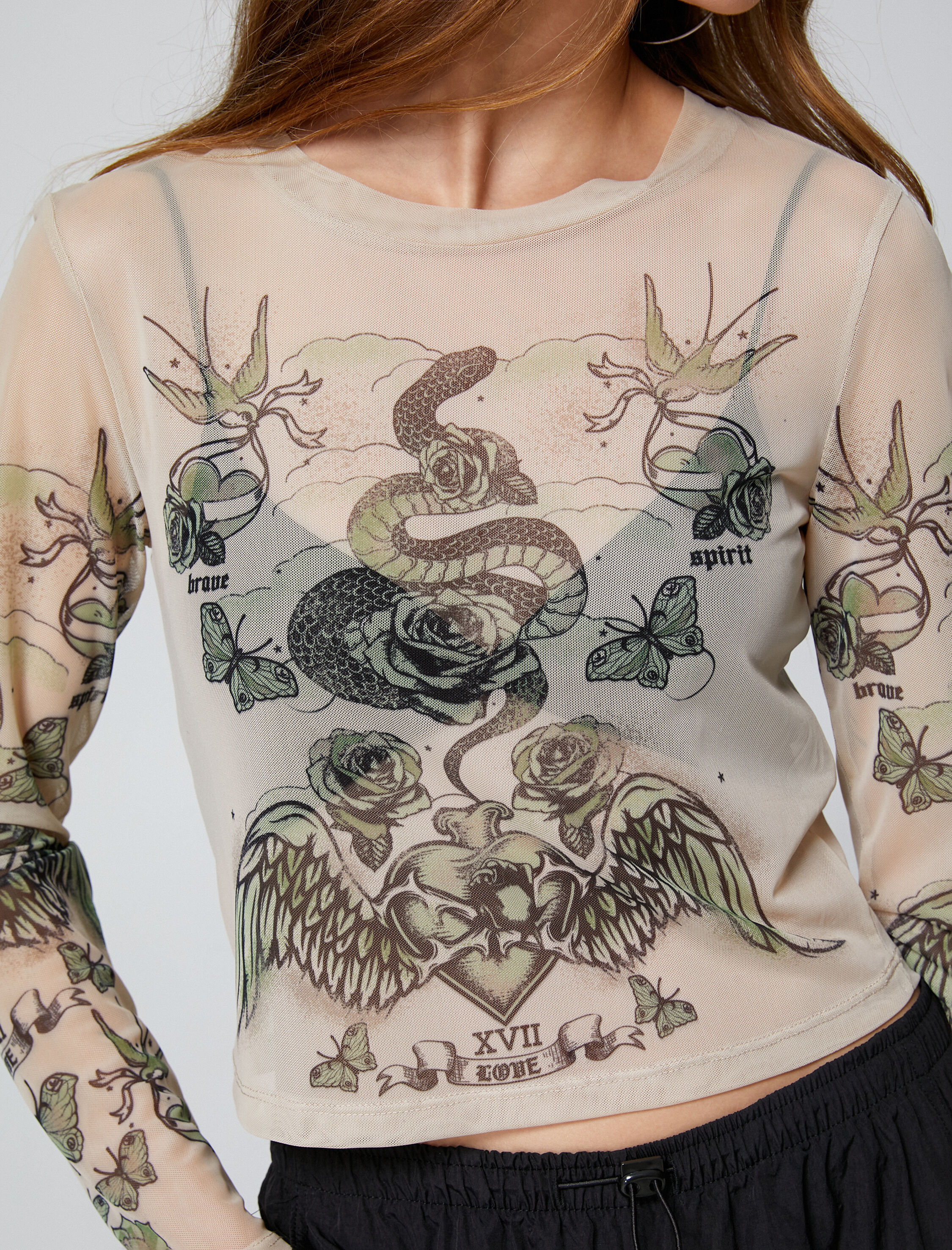   Uzun Kollu Tişört Transparan Baskılı Bisiklet Yaka