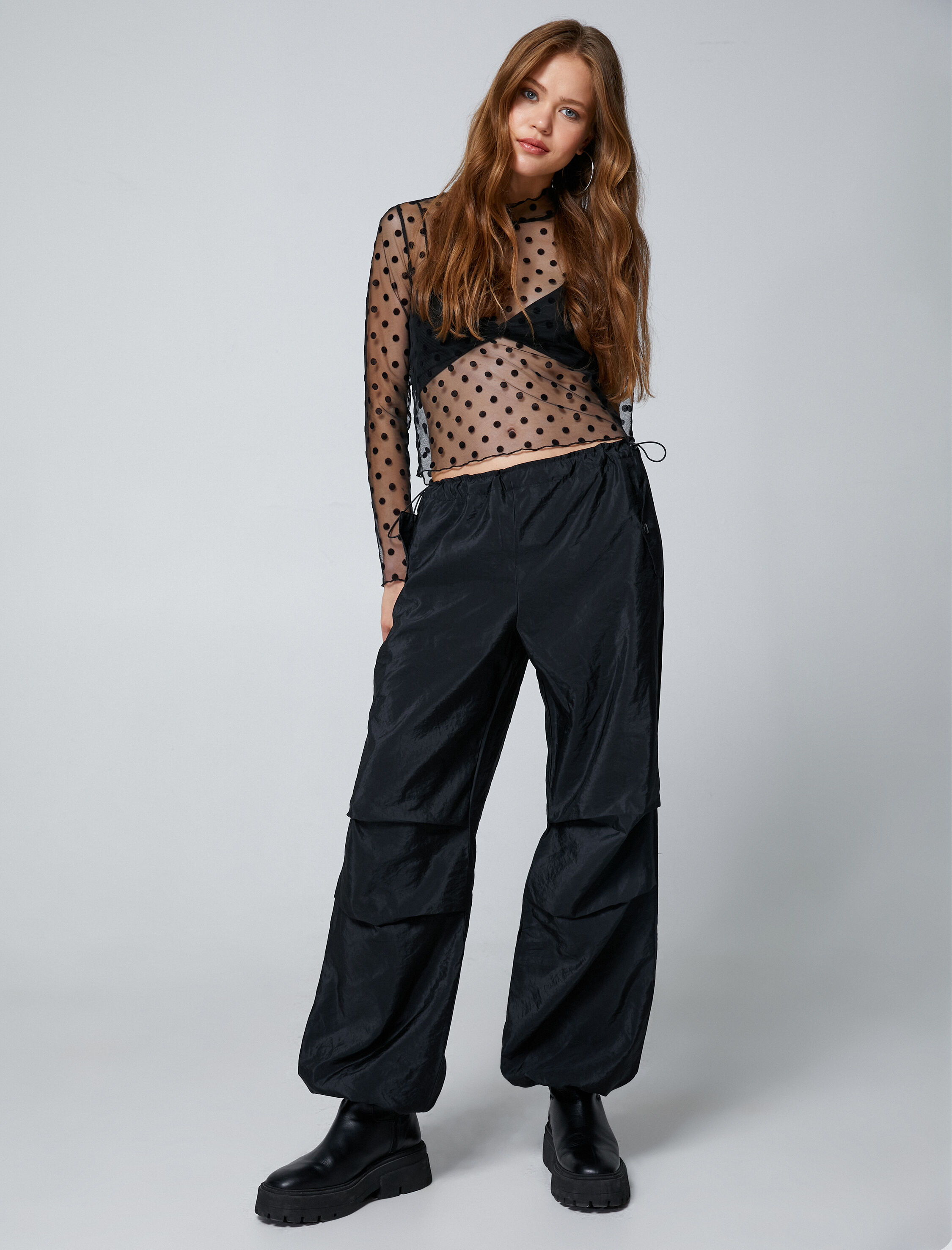   Uzun Kollu Tişört Puantiyeli Transparan Dik Yaka