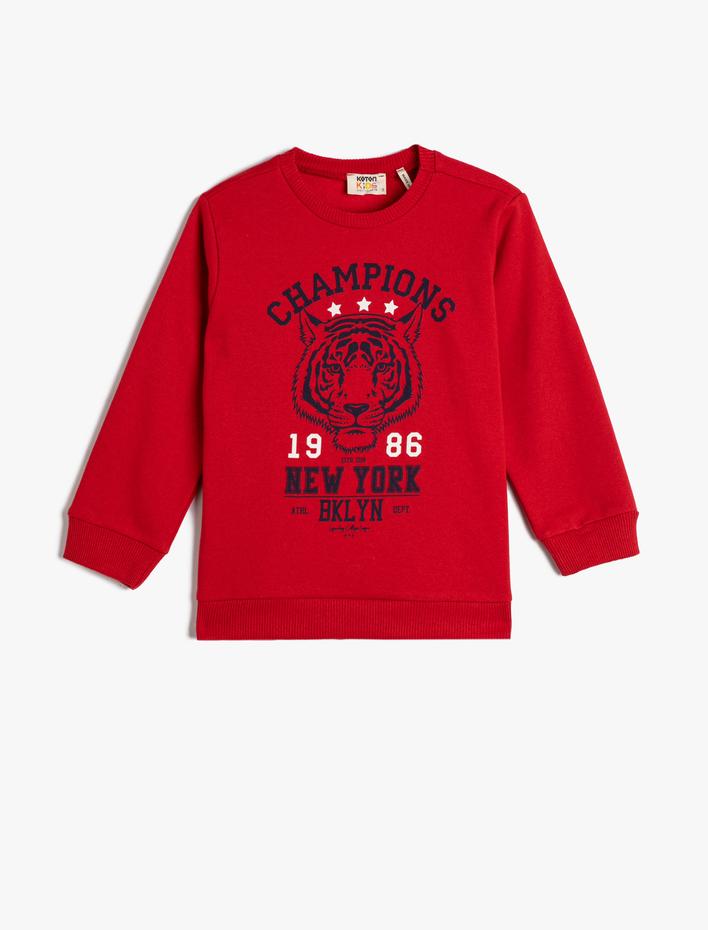 Erkek Çocuk Sweatshirt Şardonlu Kaplan Baskılı Bisiklet Yaka