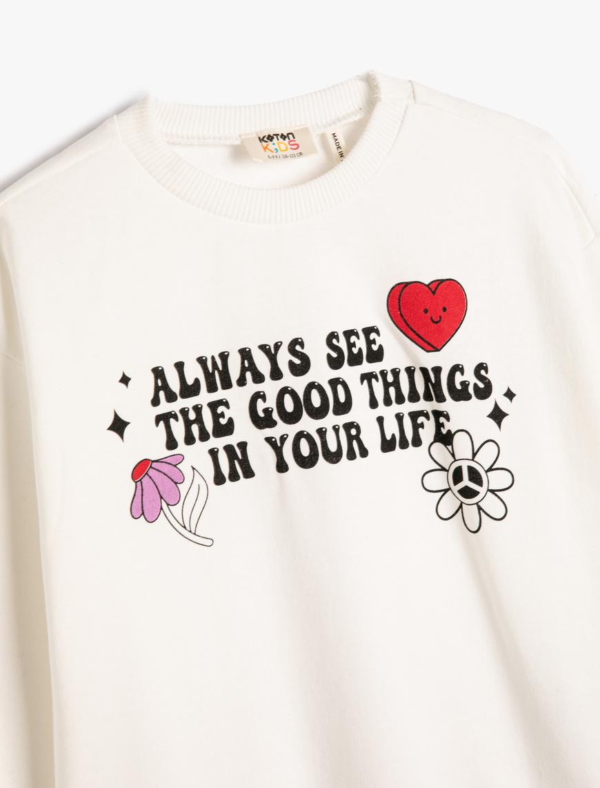  Kız Çocuk Baskılı Sweatshirt Uzun Kollu Bisiklet Yaka Şardonlu