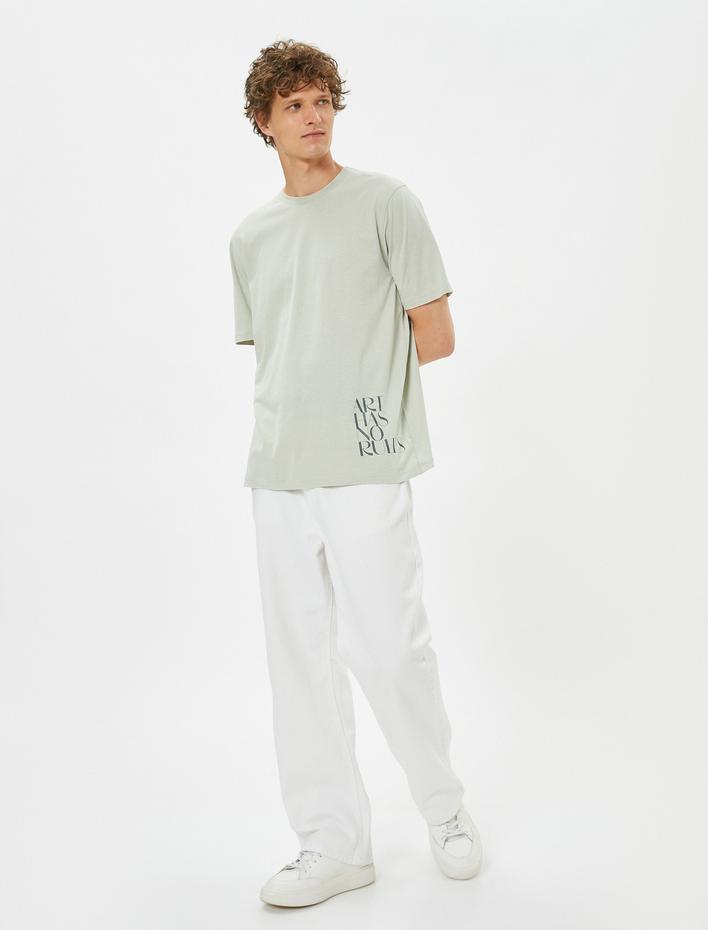  Slogan Baskılı Tişört Bisiklet Yaka Kısa Kollu Pamuklu